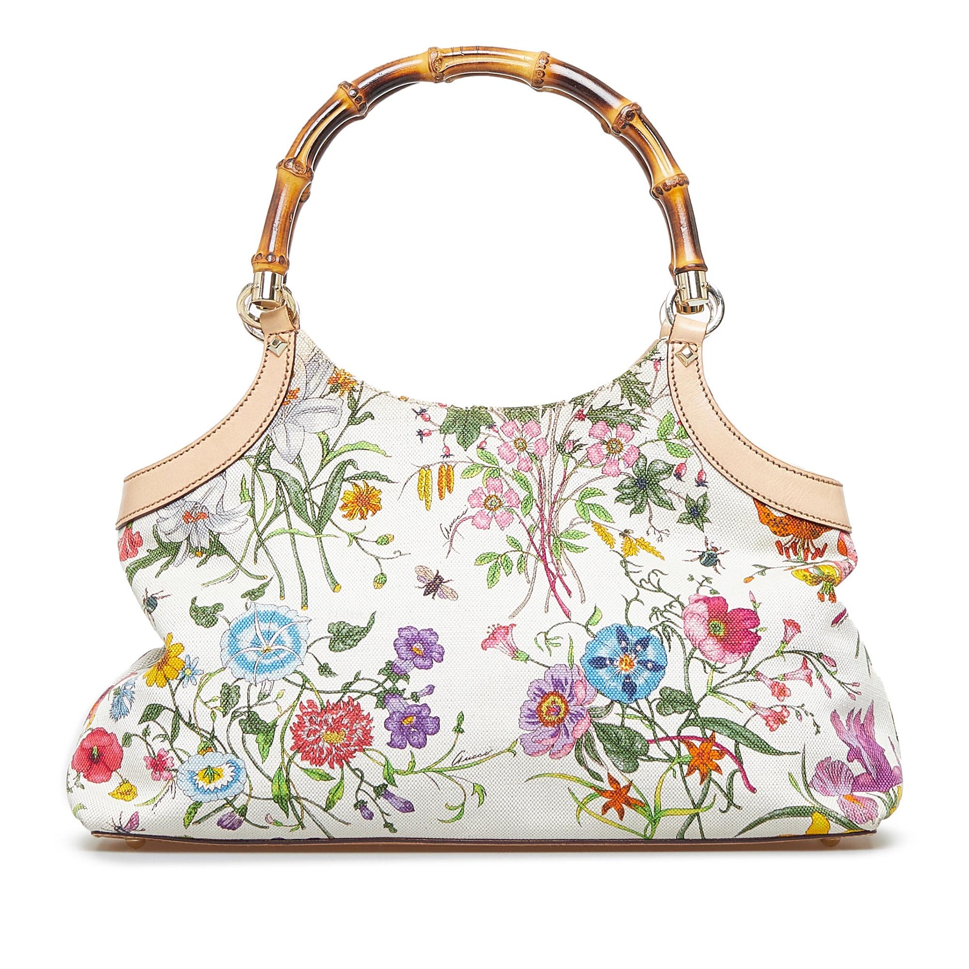 Gucci Bamboo Flora SHG-cQcjVH Canvas Calf White Satchel Bag