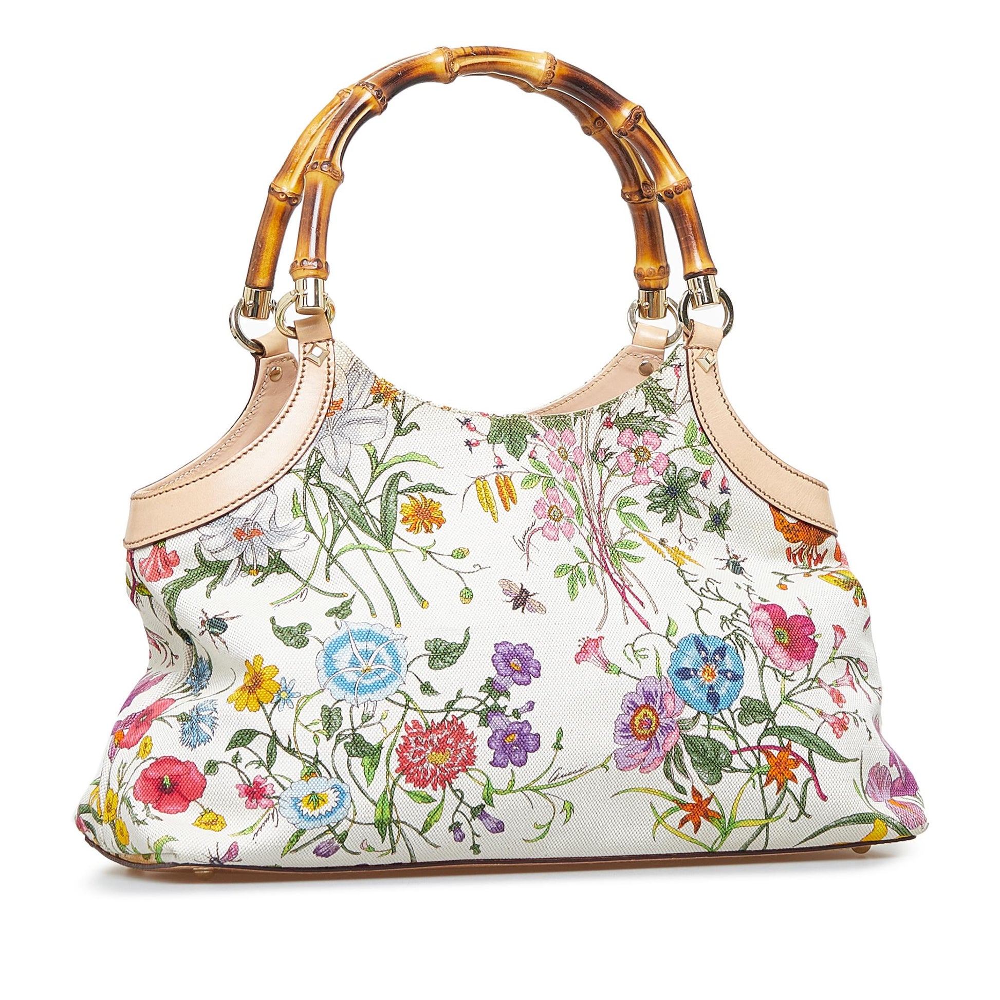 Gucci Bamboo Flora SHG-cQcjVH Canvas Calf White Satchel Bag