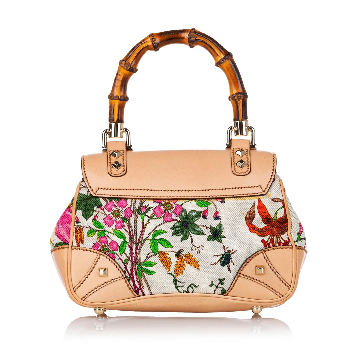 Gucci Bamboo Flora Nailhead SHG Canvas White Satchel Bag
