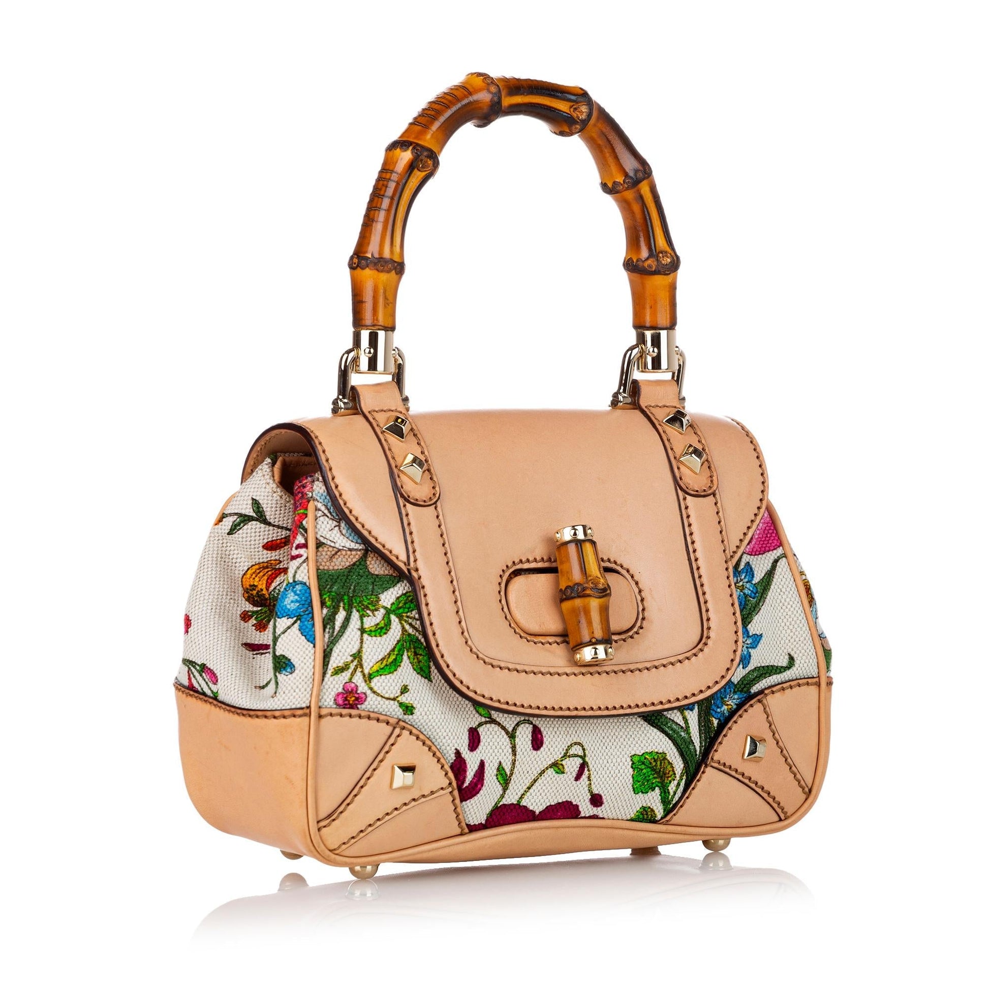 Gucci Bamboo Flora Nailhead SHG Canvas White Satchel Bag
