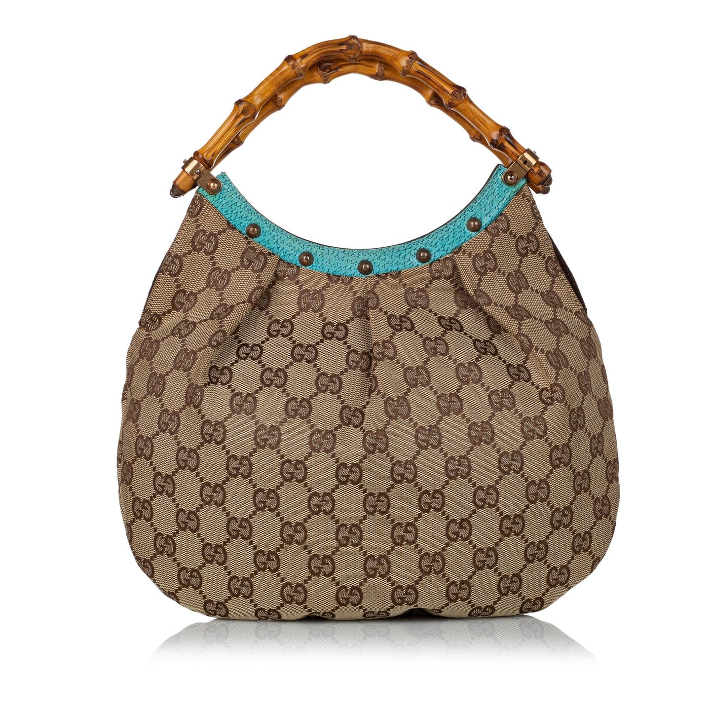 Gucci Bamboo GG SHG Canvas Brown Blue Satchel Bag