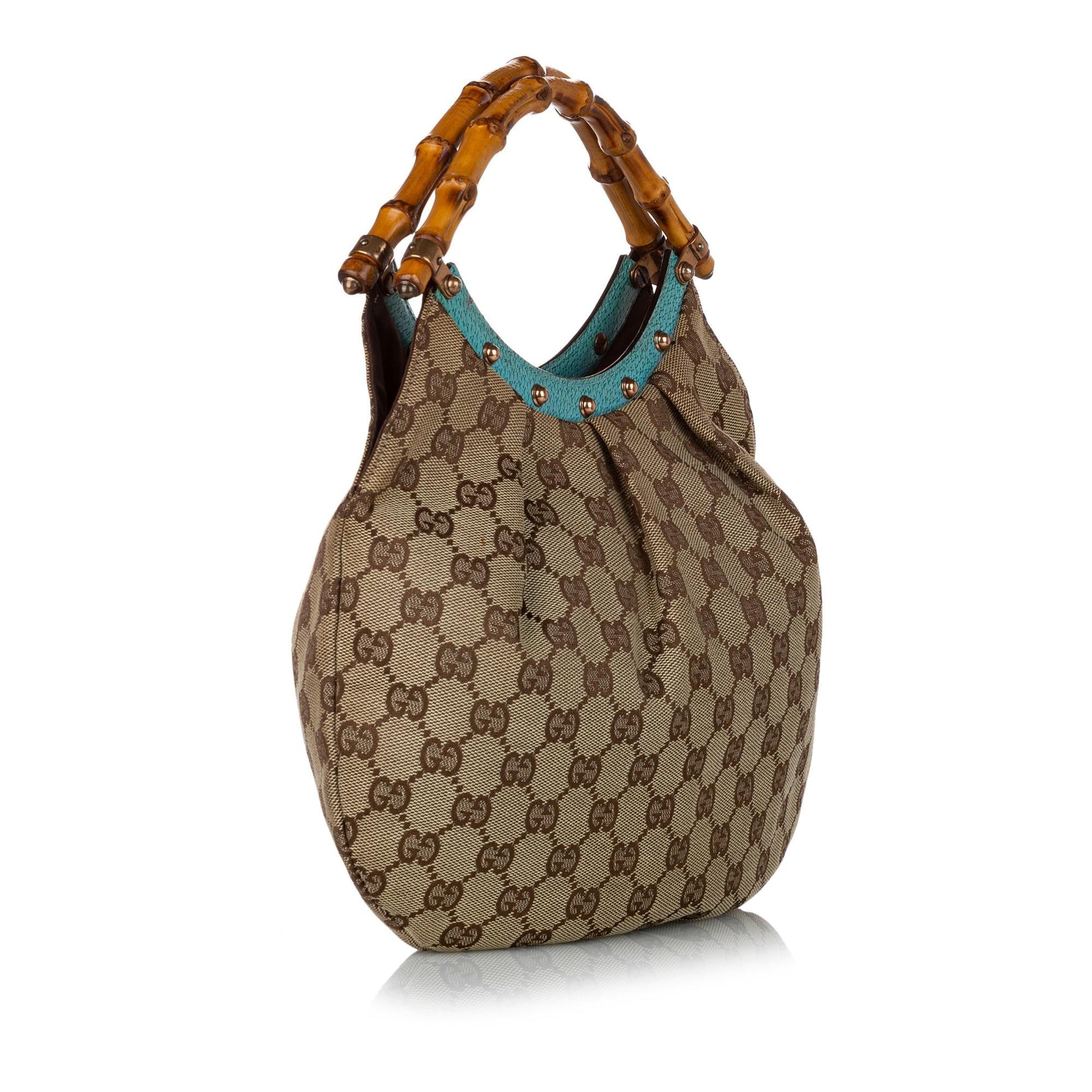Gucci Bamboo GG SHG Canvas Brown Blue Satchel Bag