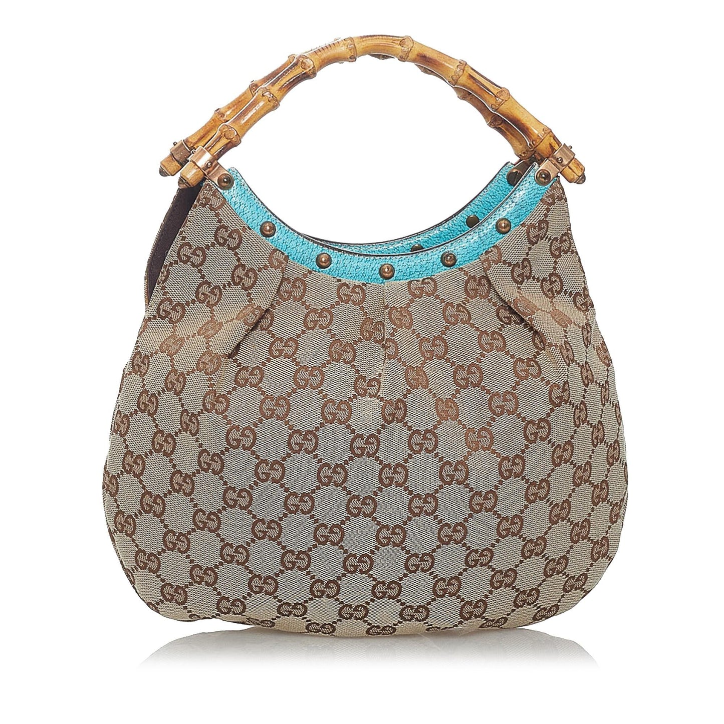 Gucci Bamboo GG SHG Canvas Brown Blue Satchel Bag Handbag Shg