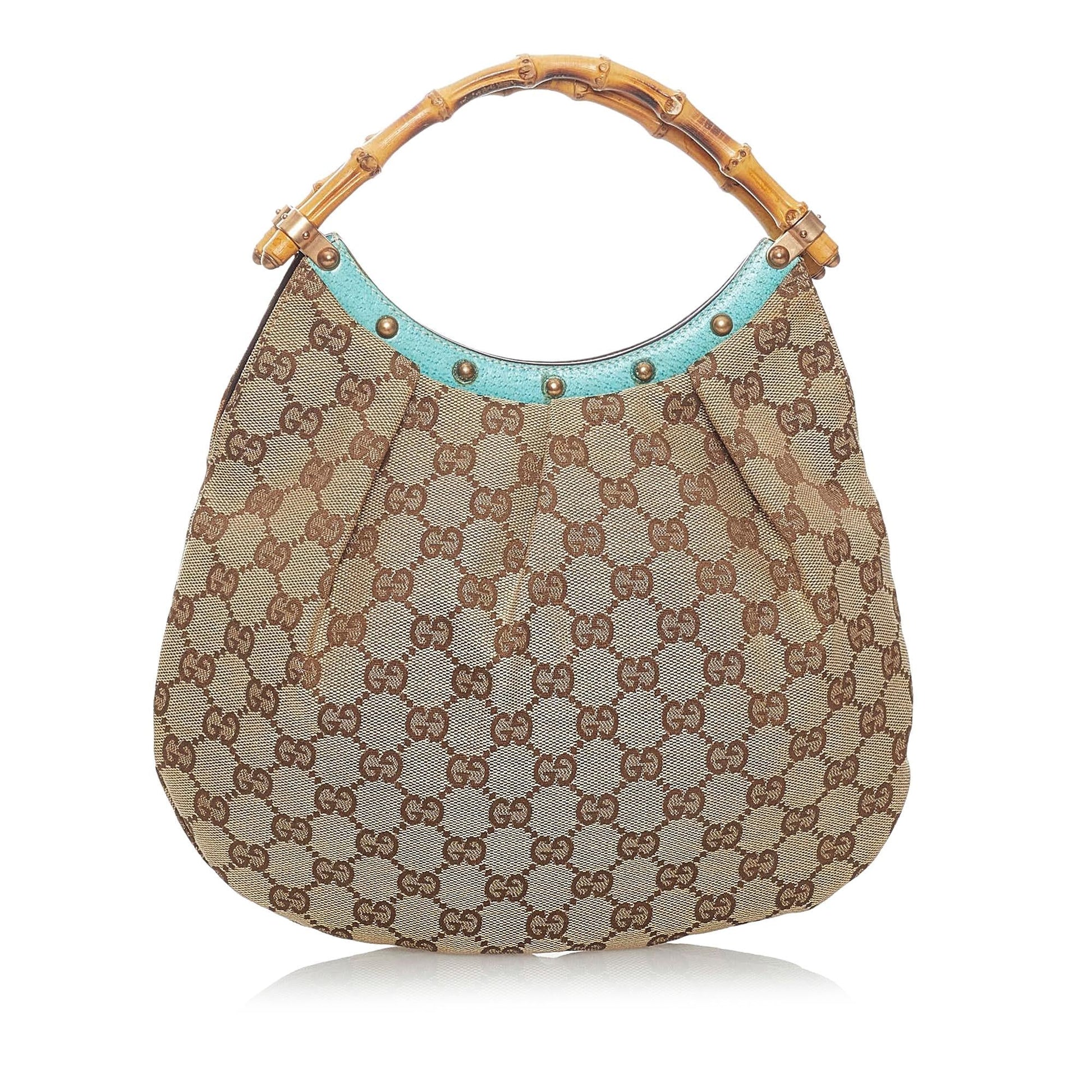 Gucci Bamboo GG SHG Canvas Brown Blue Satchel Bag 3