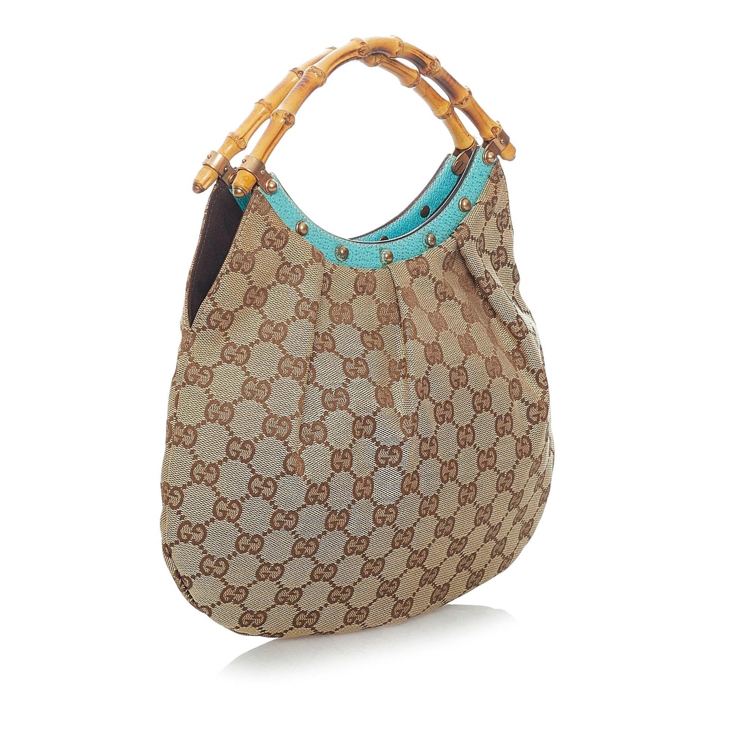 Gucci Bamboo GG SHG Canvas Brown Blue Satchel Bag 3