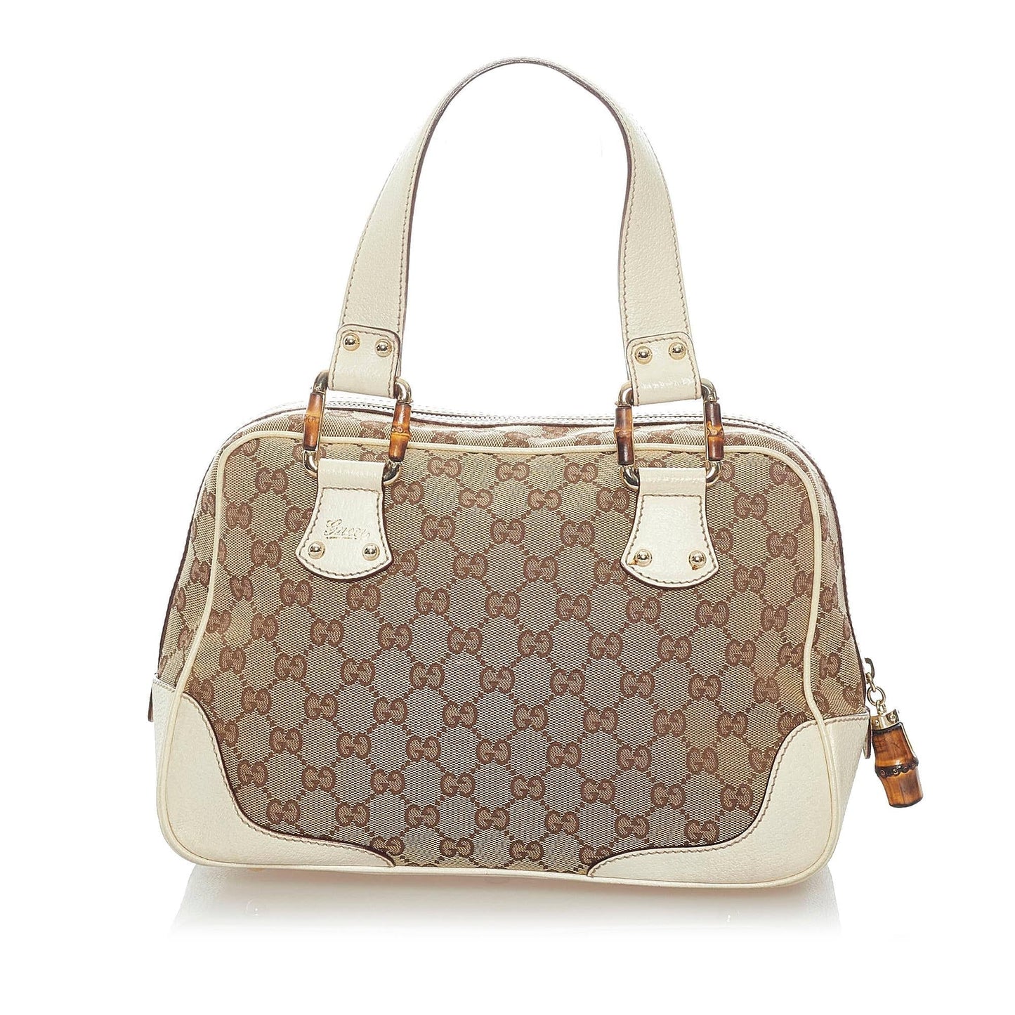 Gucci Bamboo GG SHG Canvas White Brown Satchel Bag