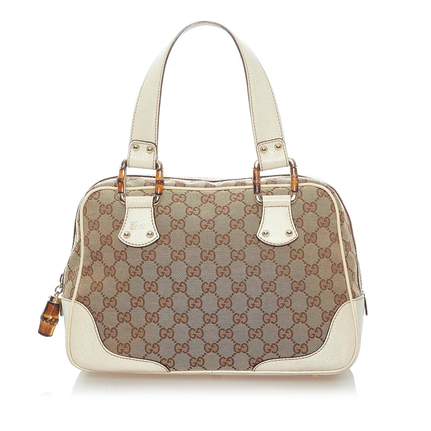 Gucci Bamboo GG SHG Canvas White Brown Satchel Bag