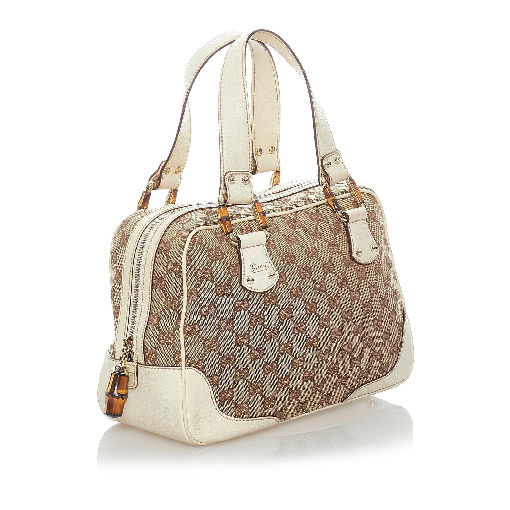 Gucci Bamboo GG SHG Canvas White Brown Satchel Bag
