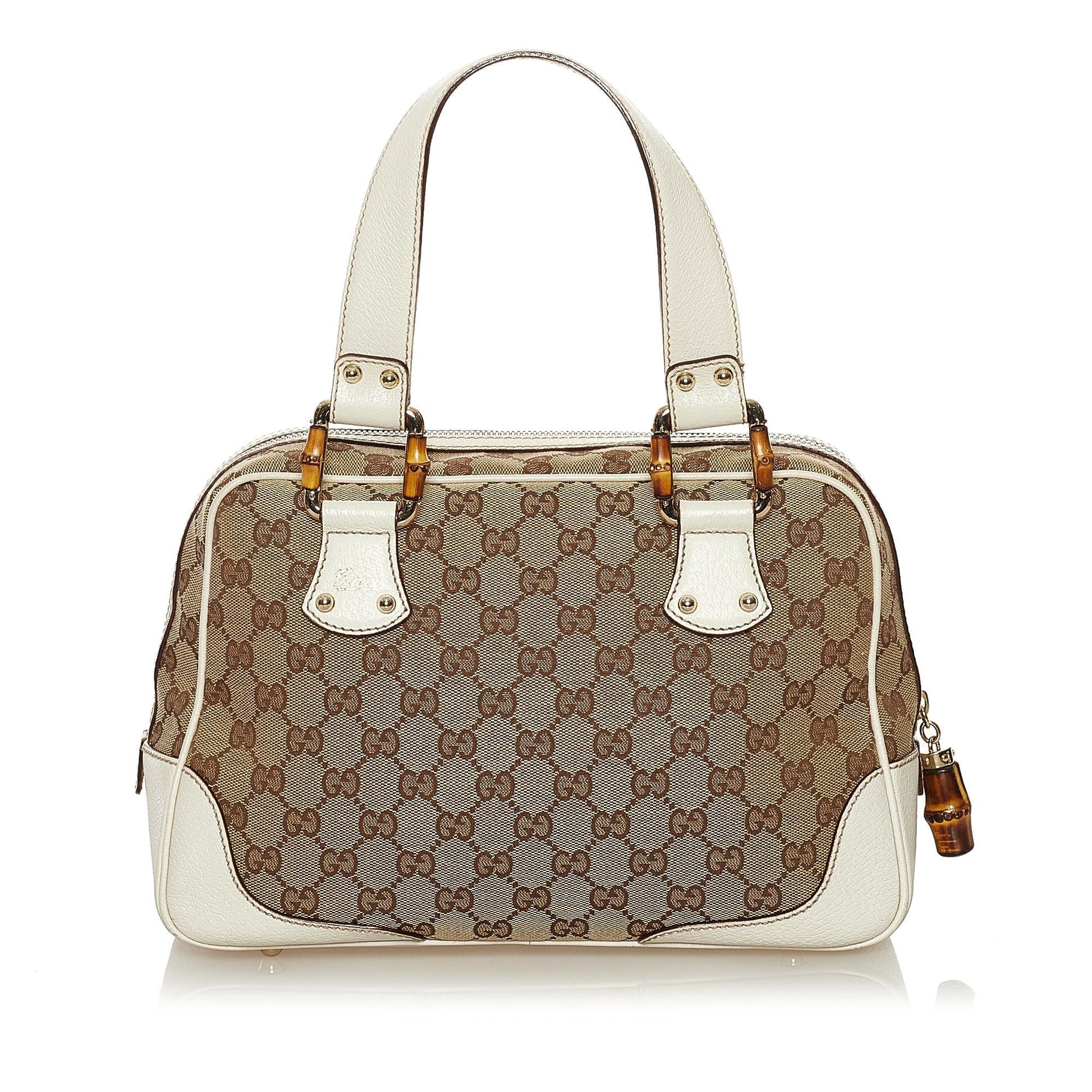 Gucci Bamboo GG SHG Canvas Calf Brown Satchel Bag
