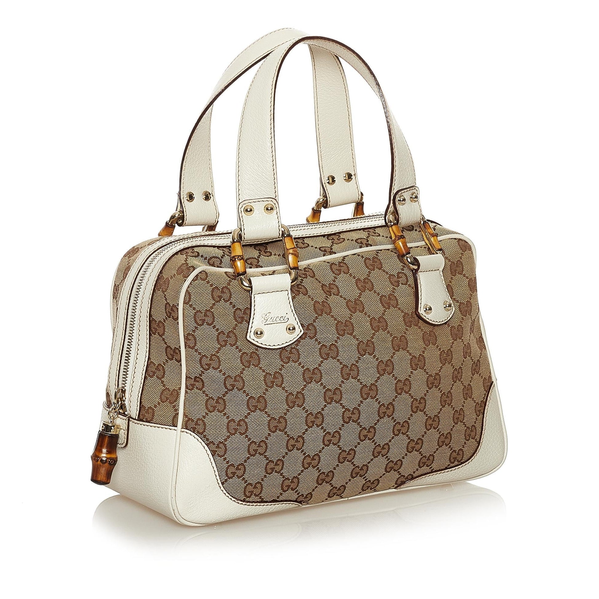 Gucci Bamboo GG SHG Canvas Calf Brown Satchel Bag