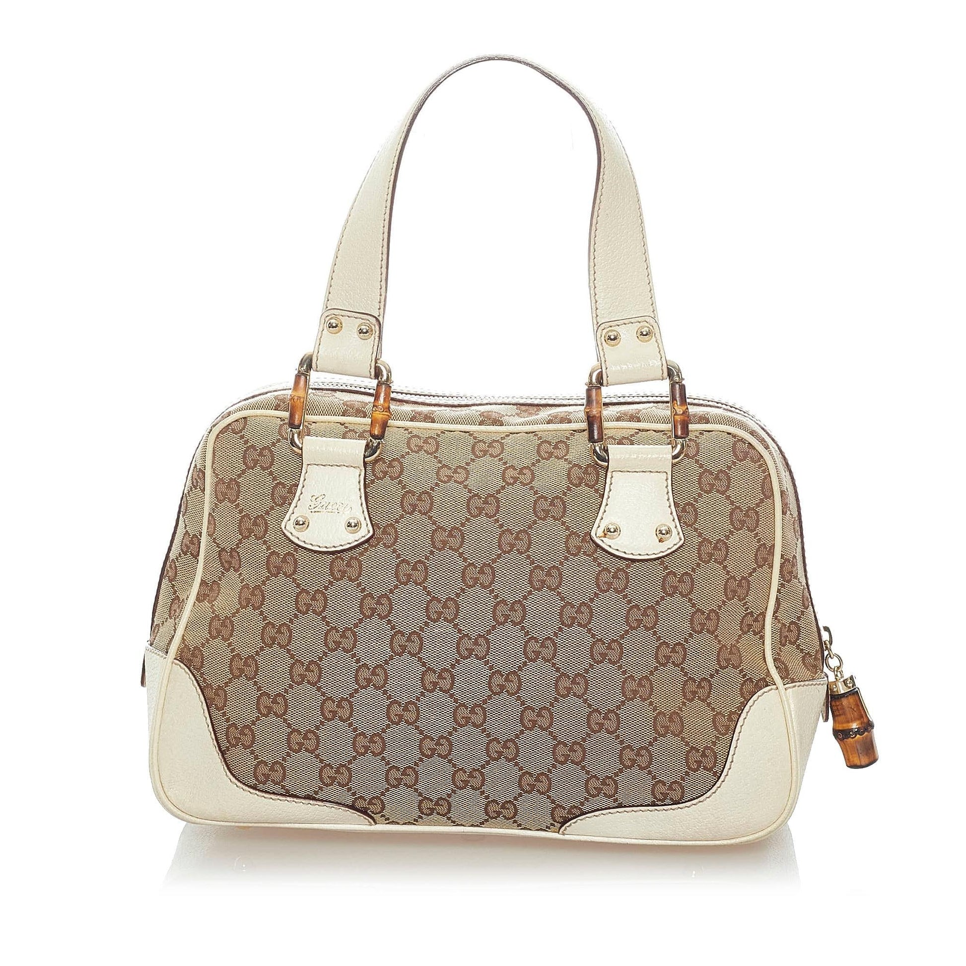 Gucci Bamboo GG SHG Canvas White Brown Satchel Bag Handbag Shg