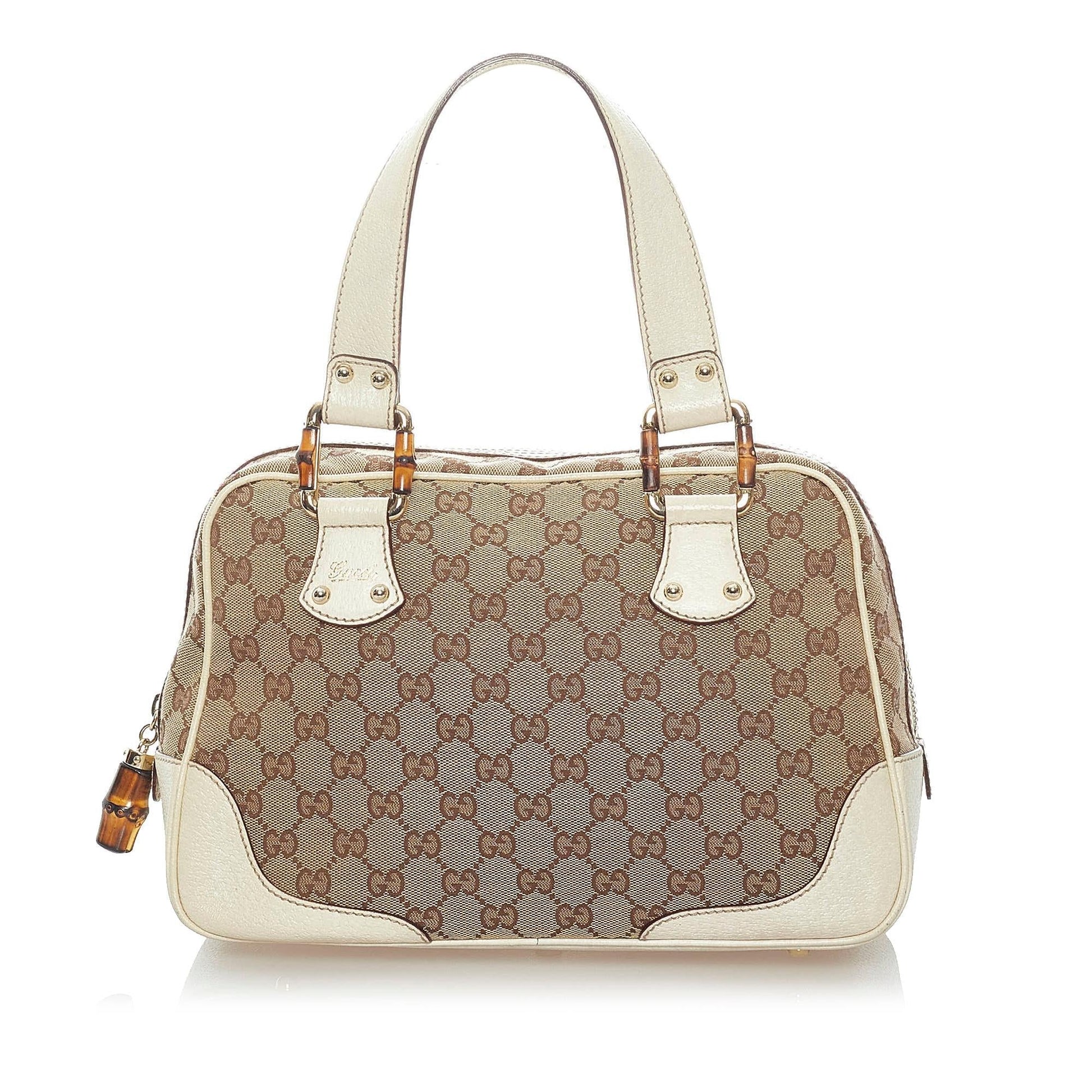 Gucci Bamboo GG SHG Canvas White Brown Satchel Bag Handbag Shg