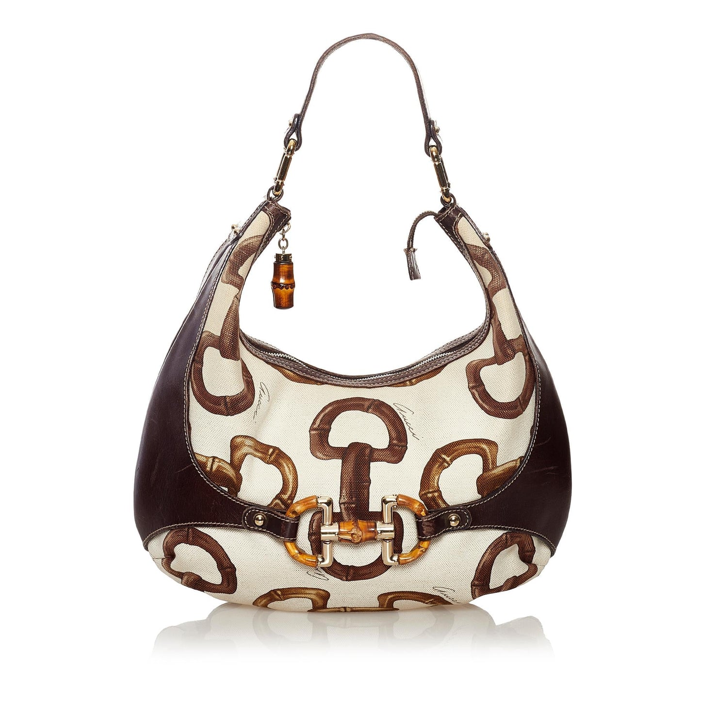 Gucci Bamboo Horsebit Amalfi SHG Canvas White Brown Shoulder Bag