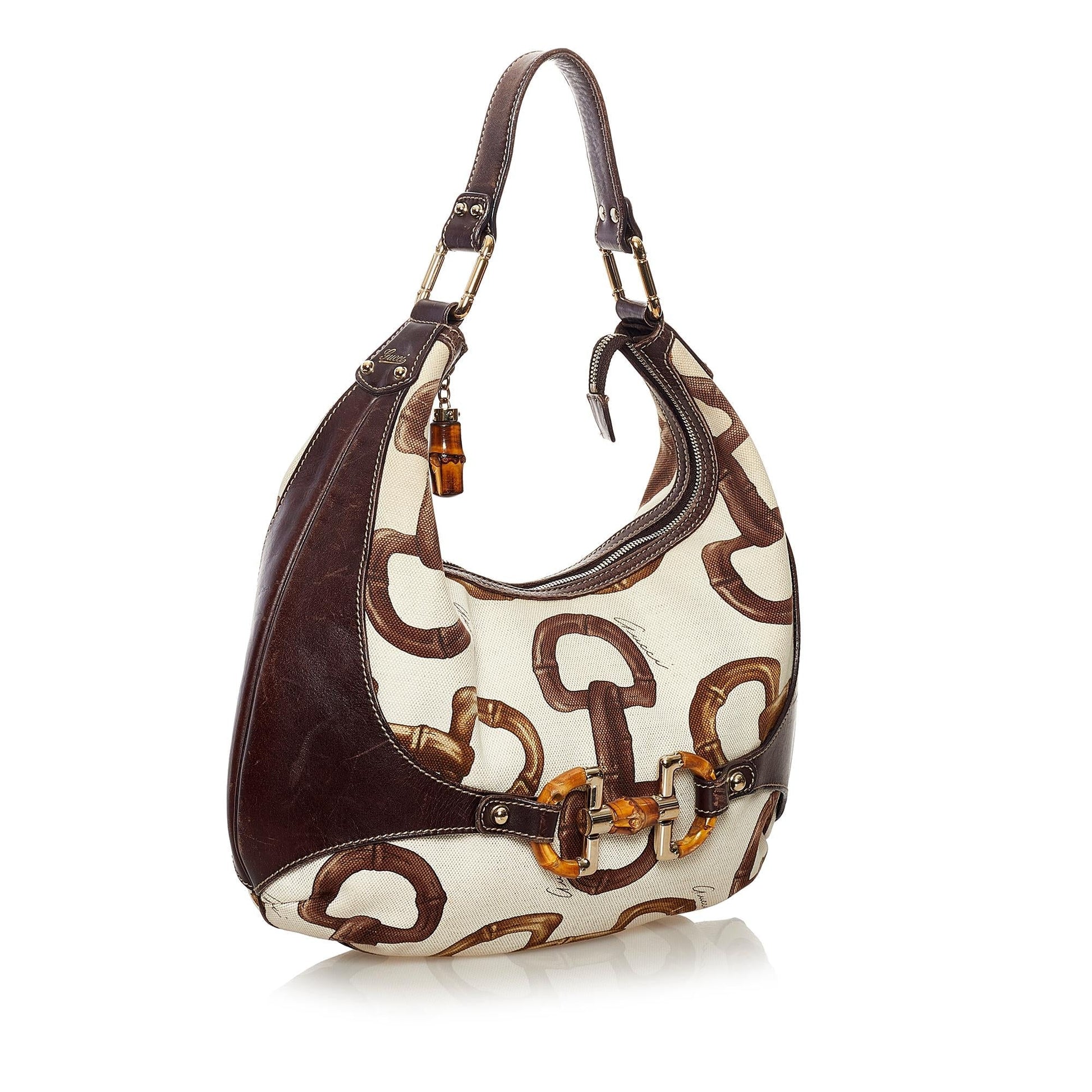 Gucci Bamboo Horsebit Amalfi SHG Canvas White Brown Shoulder Bag