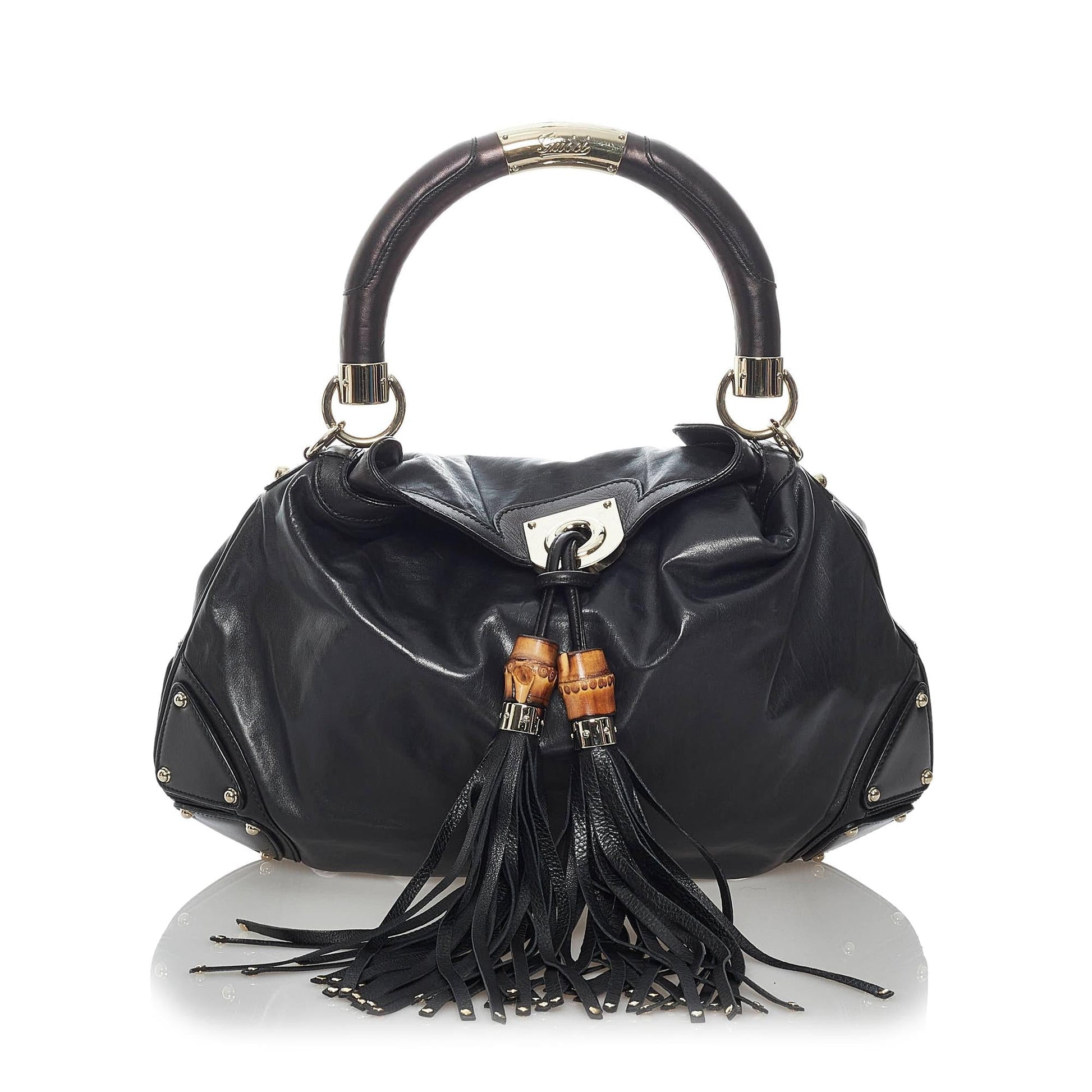 Gucci Bamboo Indy SHG Leather Calf Black Satchel Bag