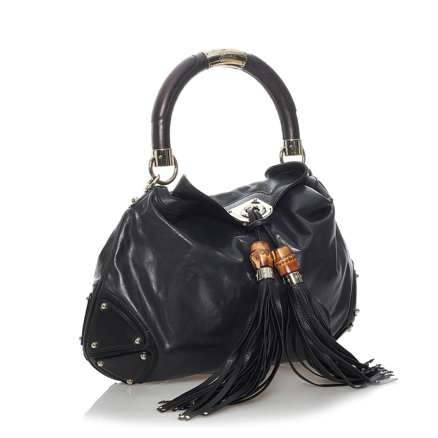 Gucci Bamboo Indy SHG Leather Calf Black Satchel Bag