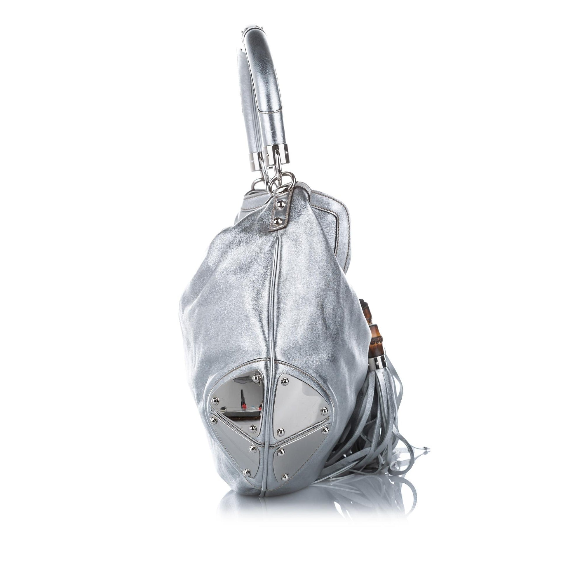 Gucci Bamboo Indy SHG Leather Calf Silver Satchel Bag