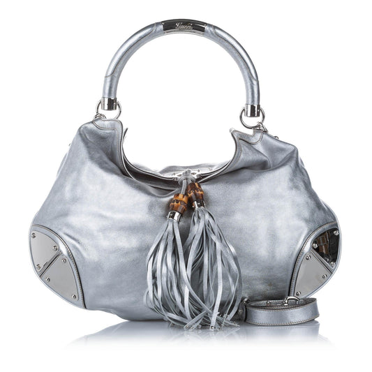 Gucci Bamboo Indy SHG Leather Calf Silver Satchel Bag