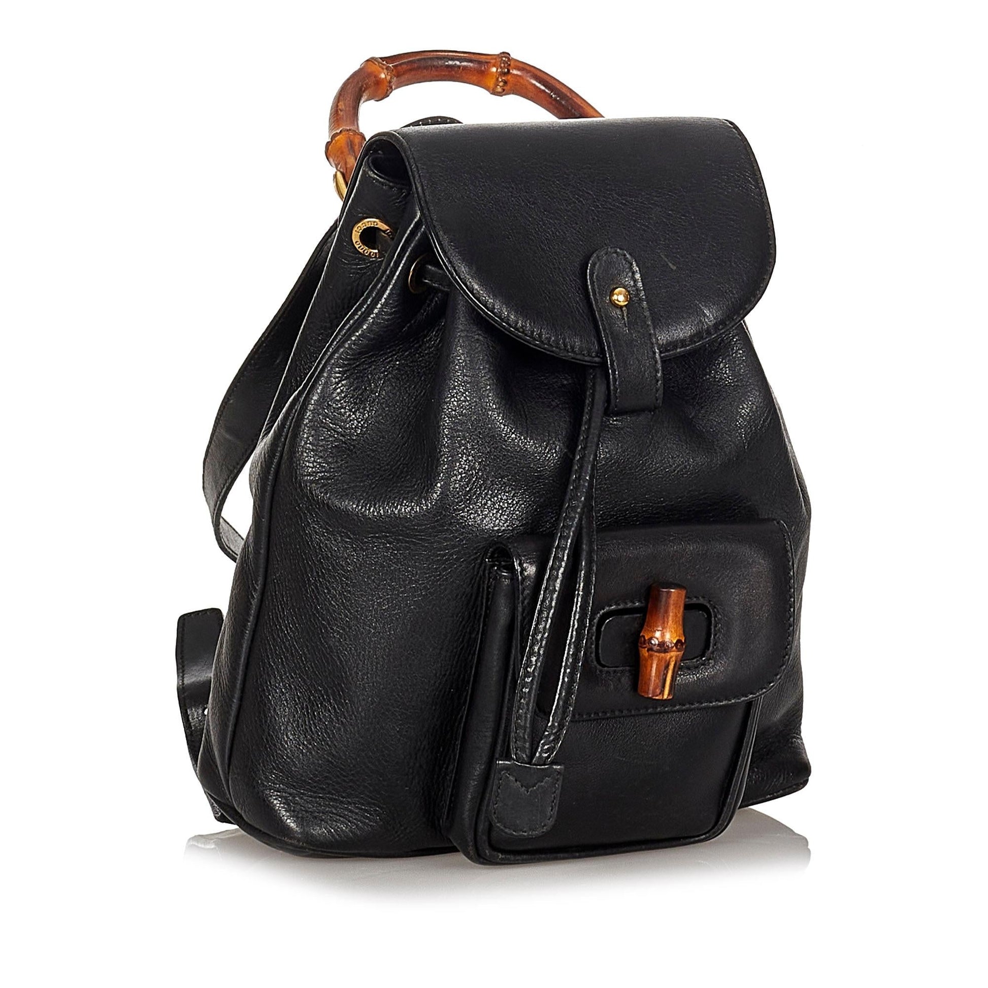 Gucci Bamboo Drawstring Backpack SHG Leather Calf Black Jewelry