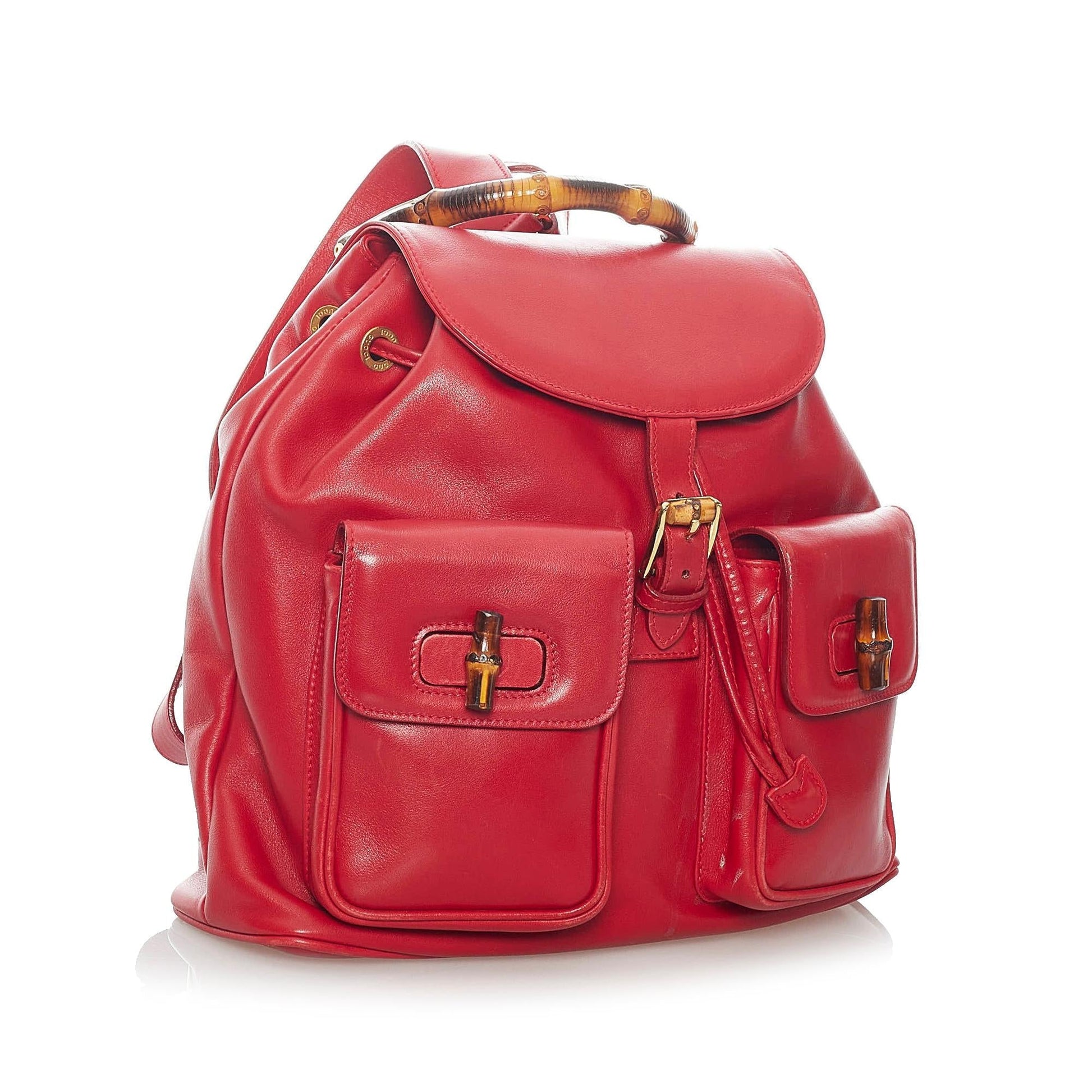 Gucci Bamboo Drawstring Backpack SHG Leather Calf Red Jewelry