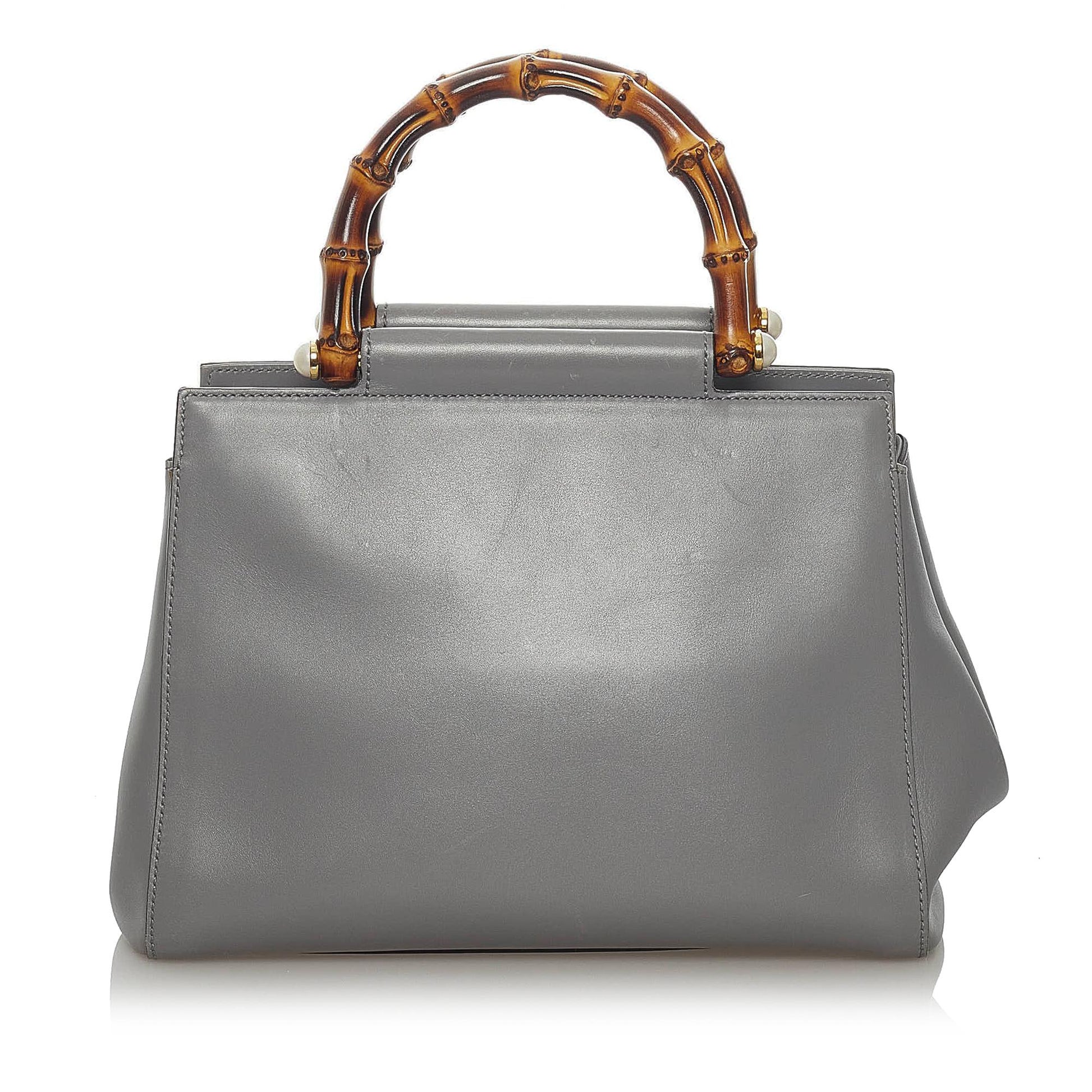 Gucci Bamboo Nymphaea SHG Leather Calf Brown Grey Satchel Bag