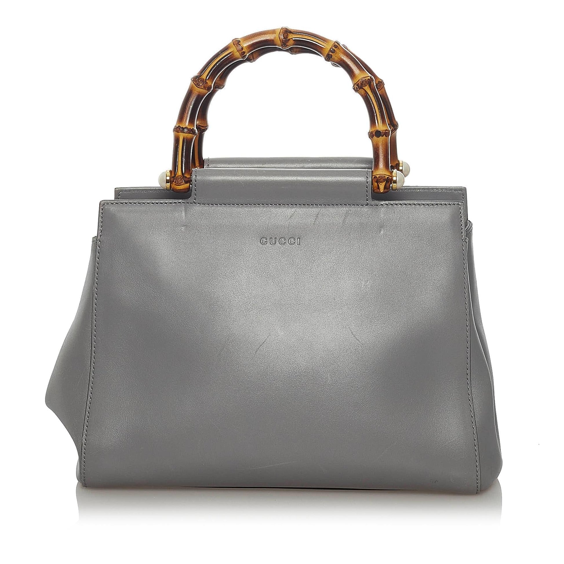 Gucci Bamboo Nymphaea SHG Leather Calf Brown Grey Satchel Bag