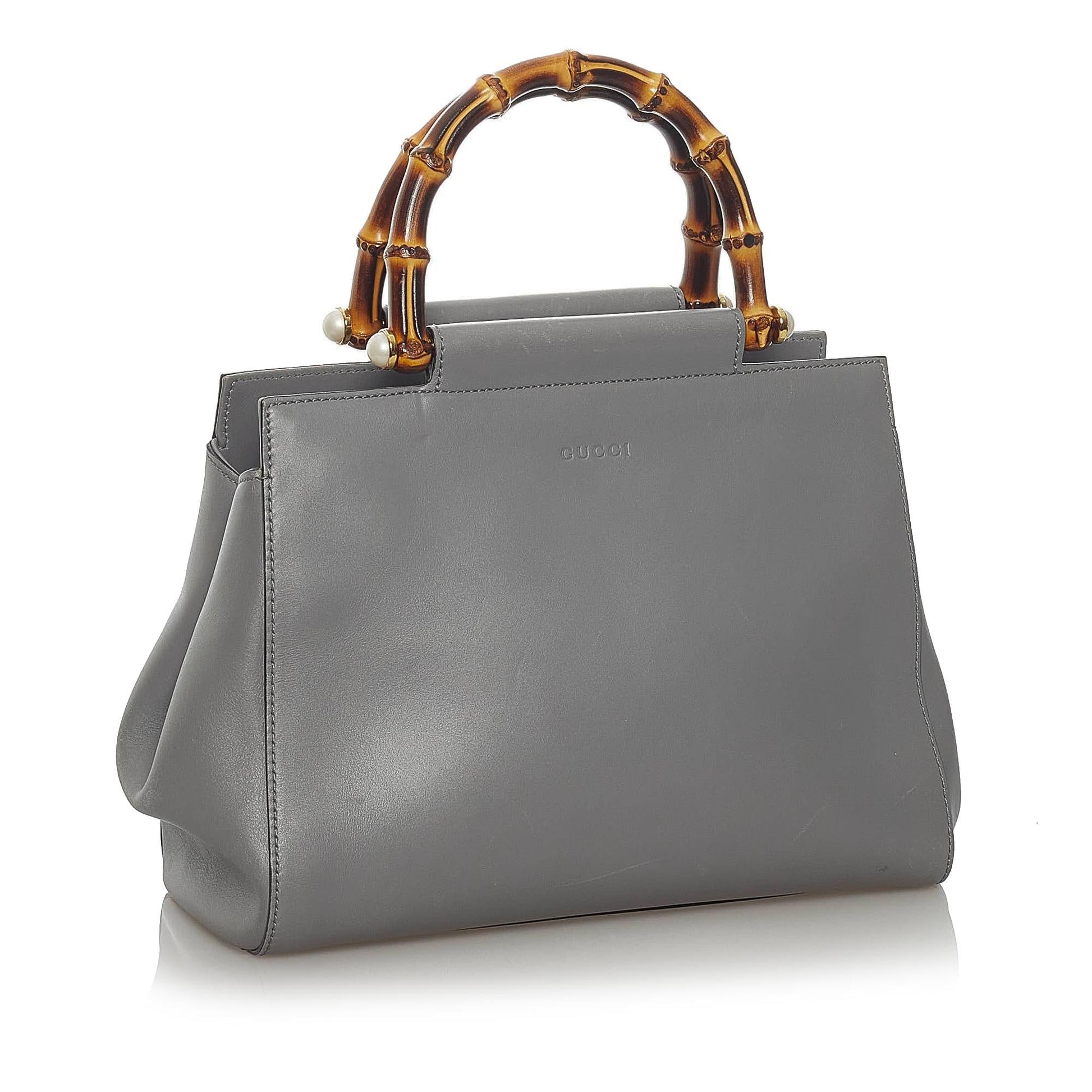 Gucci Bamboo Nymphaea SHG Leather Calf Brown Grey Satchel Bag