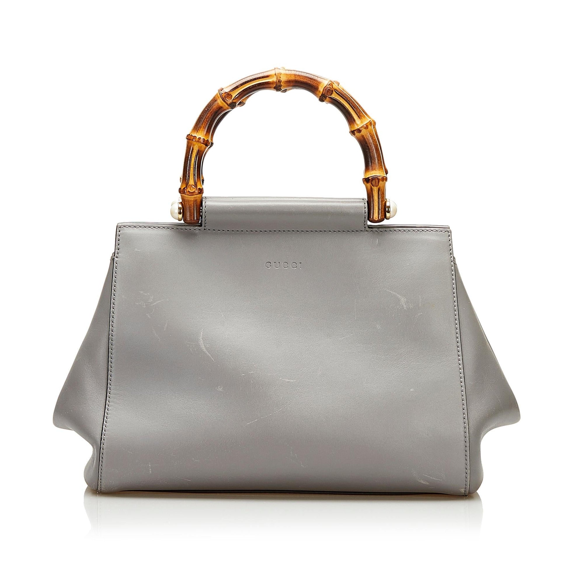 Gucci Bamboo Nymphaea SHG Leather Calf Grey Satchel Bag
