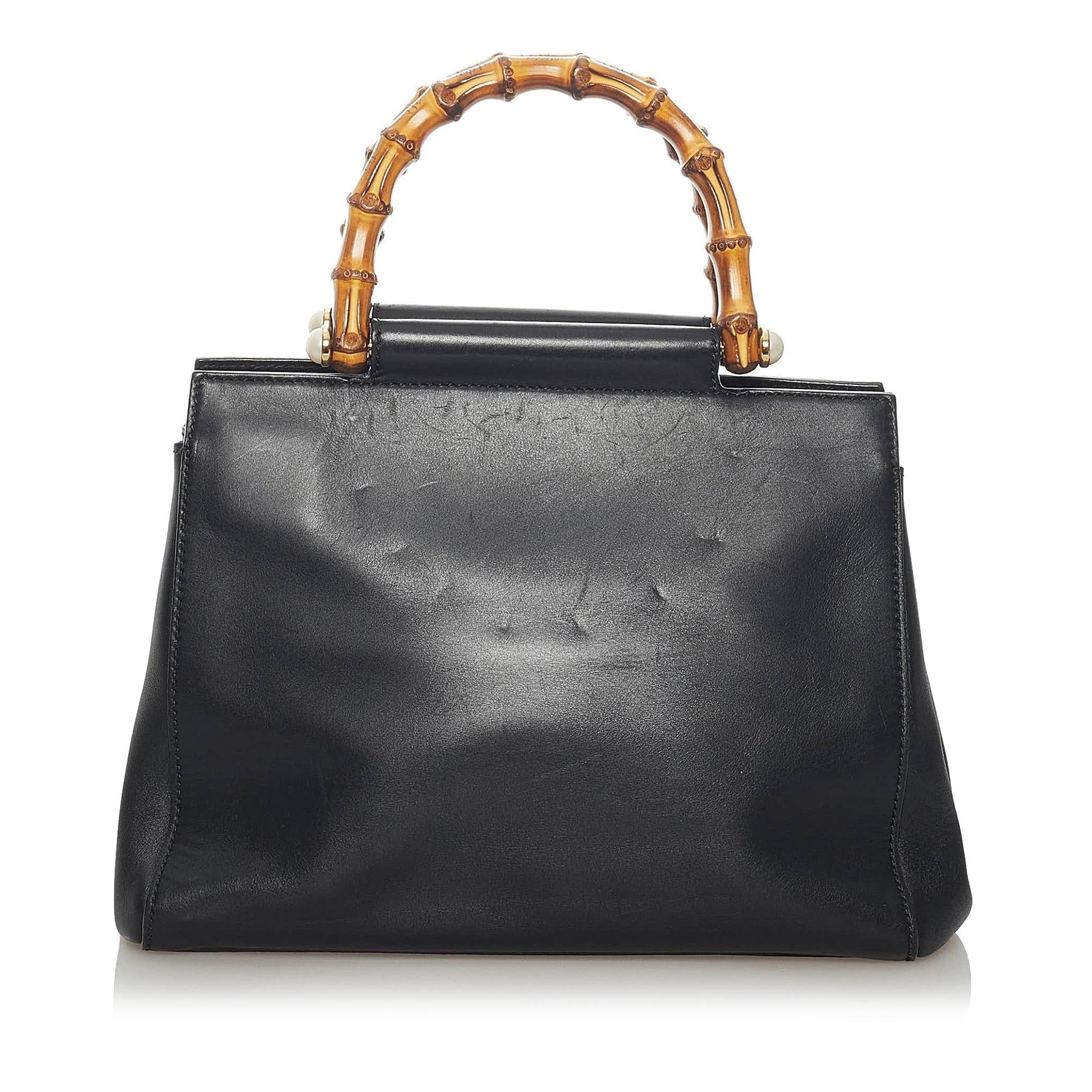 Gucci Bamboo Nymphaea SHG Leather Calf Black Brown Satchel Bag