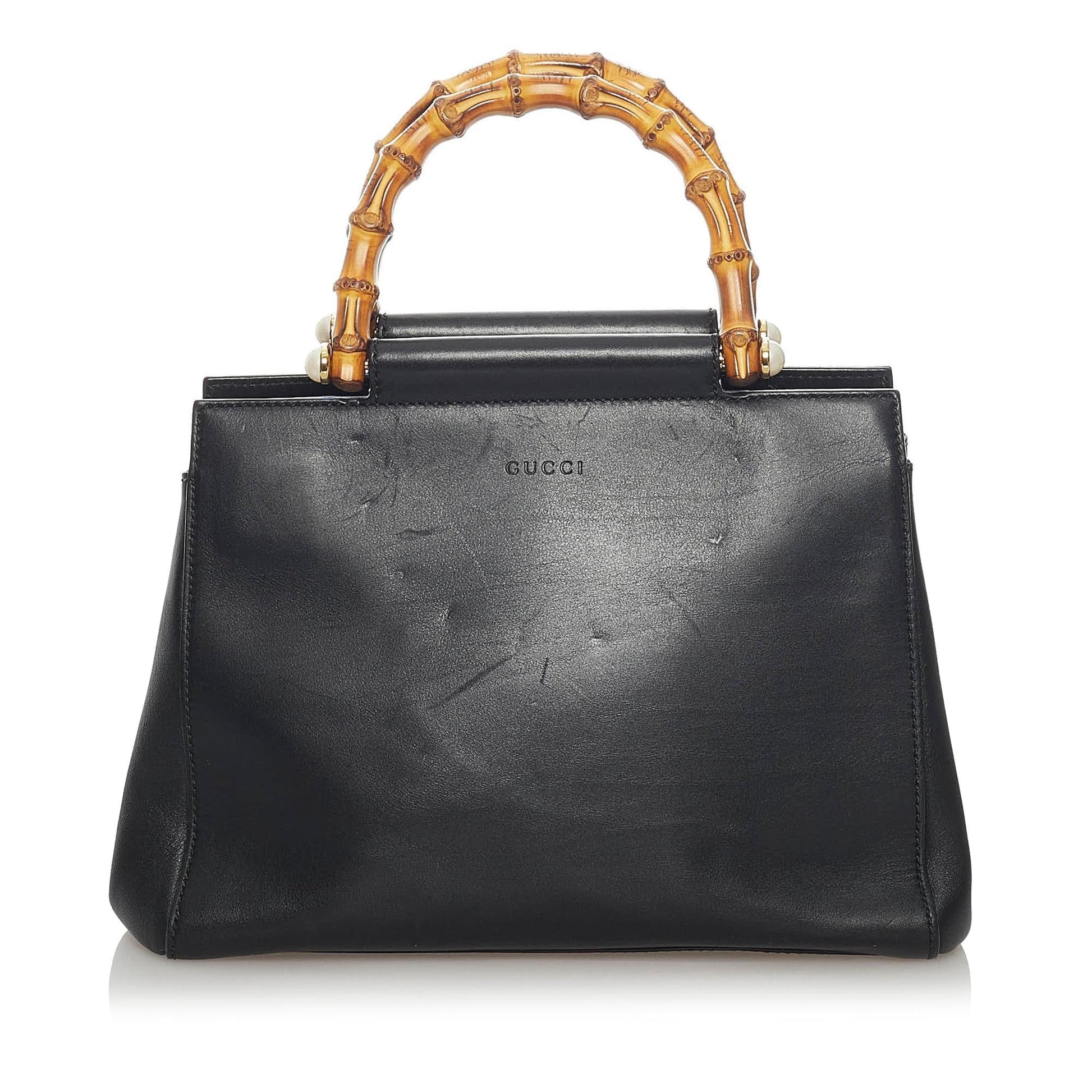 Gucci Bamboo Nymphaea SHG Leather Calf Black Brown Satchel Bag