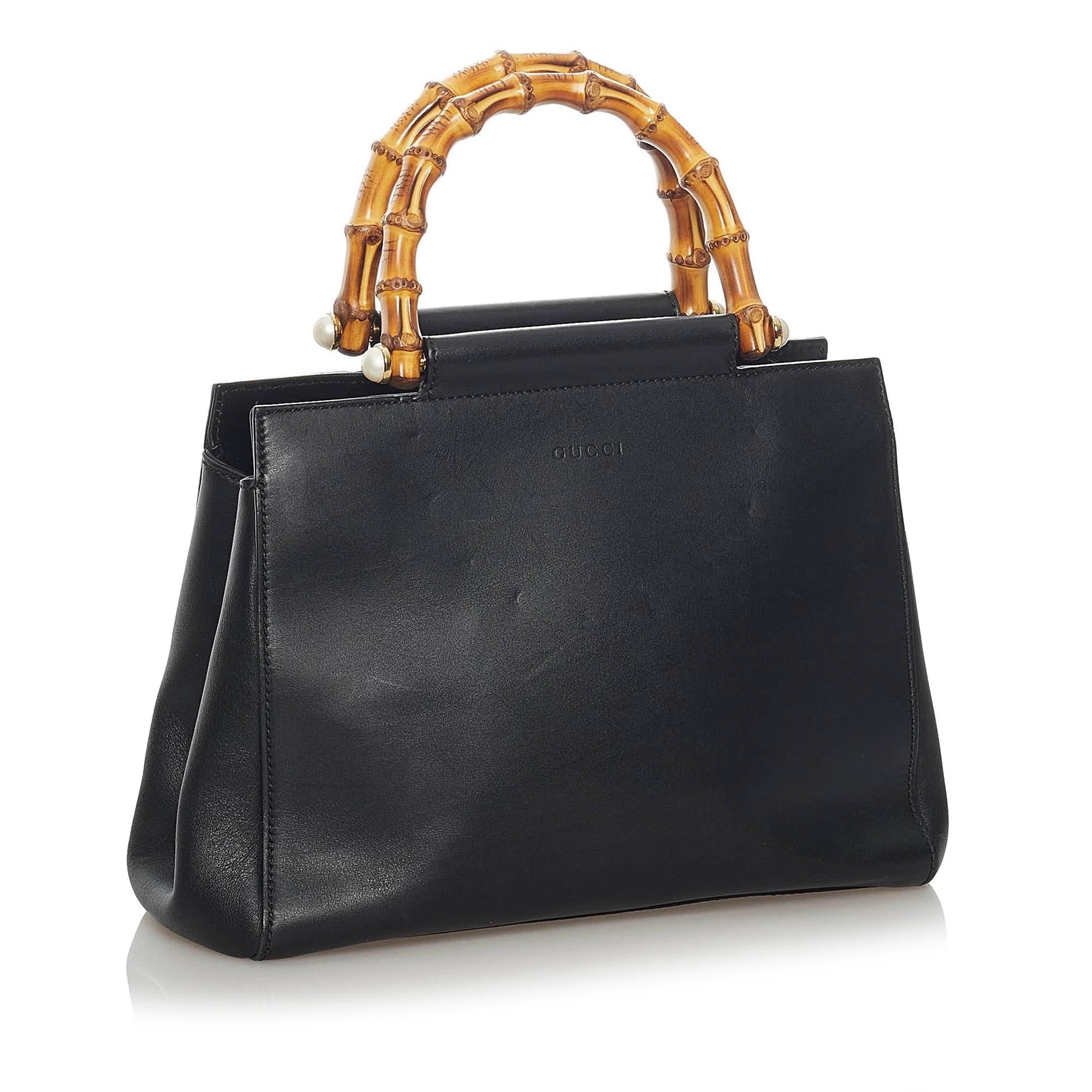 Gucci Bamboo Nymphaea SHG Leather Calf Black Brown Satchel Bag