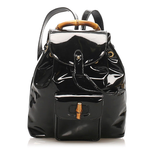Gucci Bamboo Drawstring Backpack SHG Leather Patent Black Jewelry Backpack Shg