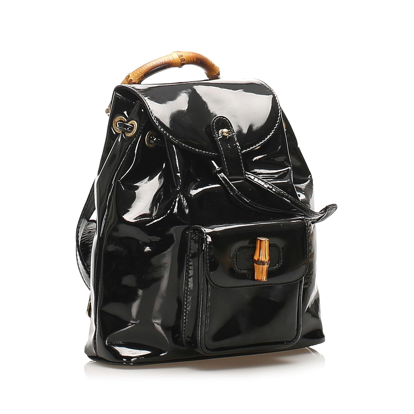 Gucci Bamboo Drawstring Backpack SHG Leather Patent Black Jewelry Backpack Shg