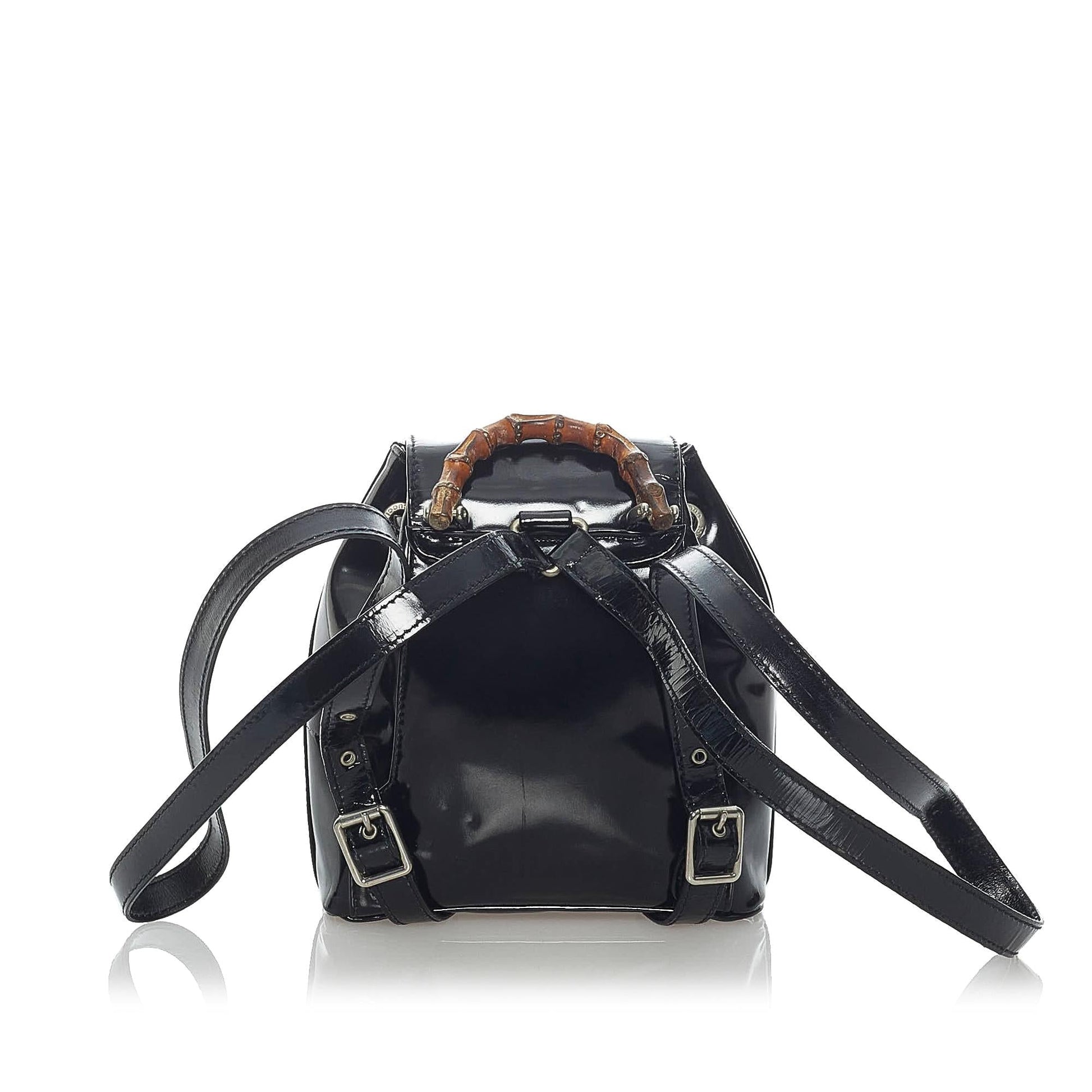 Gucci Bamboo Drawstring Backpack SHG Leather Patent Black Jewelry