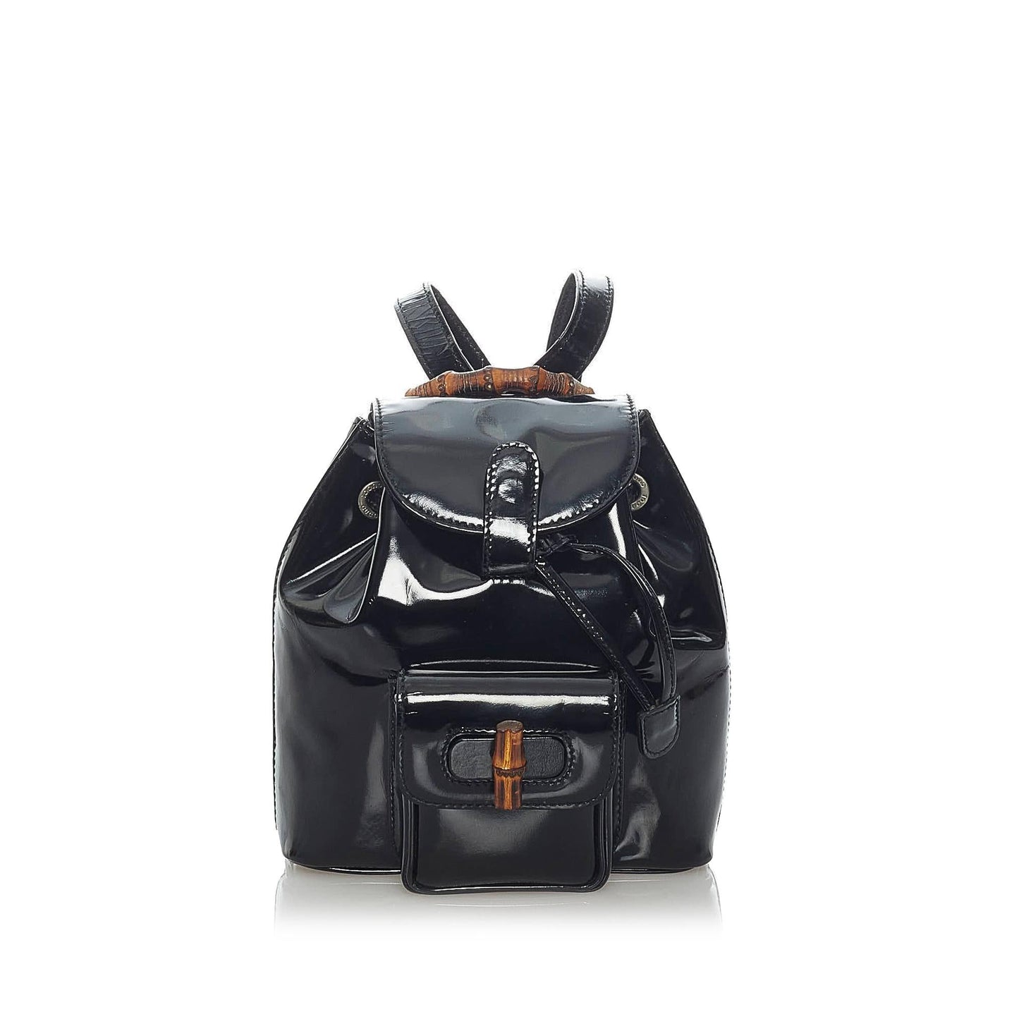 Gucci Bamboo Drawstring Backpack SHG Leather Patent Black Jewelry