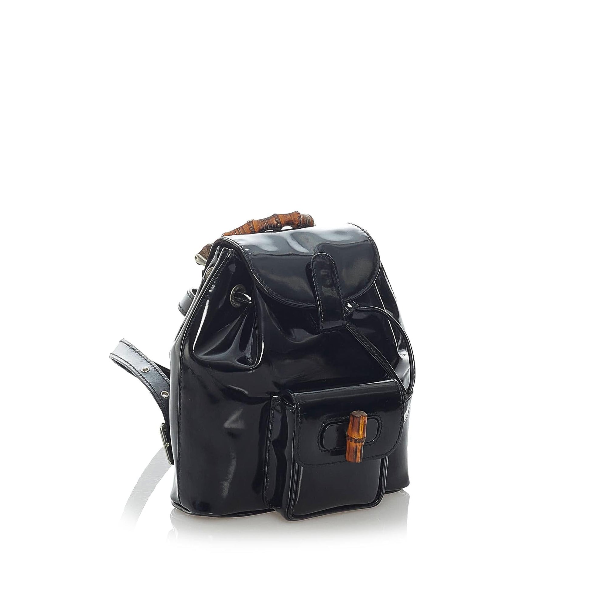 Gucci Bamboo Drawstring Backpack SHG Leather Patent Black Jewelry