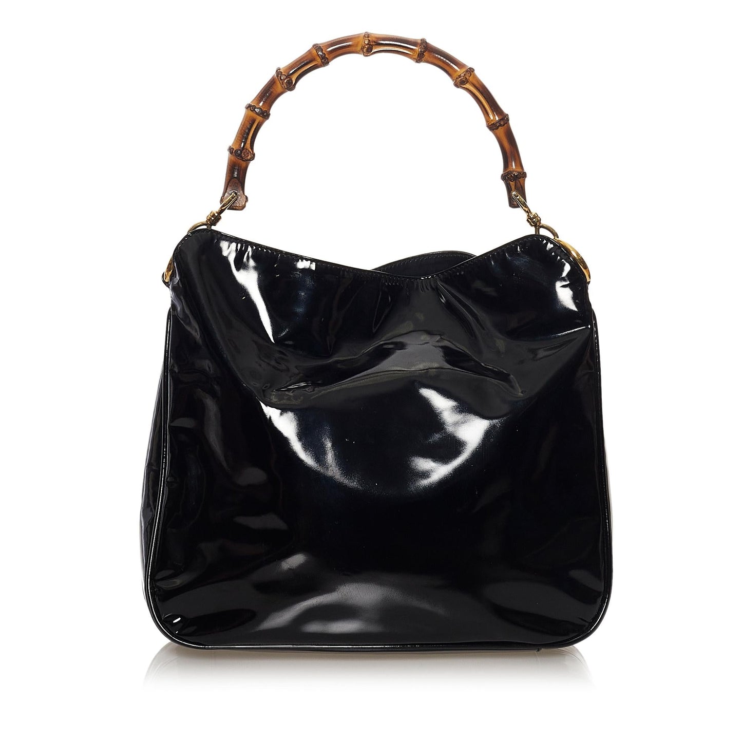 Gucci Bamboo SHG Leather Patent Black Brown Satchel Bag
