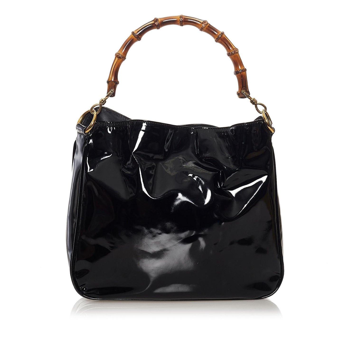 Gucci Bamboo SHG Leather Patent Black Brown Satchel Bag