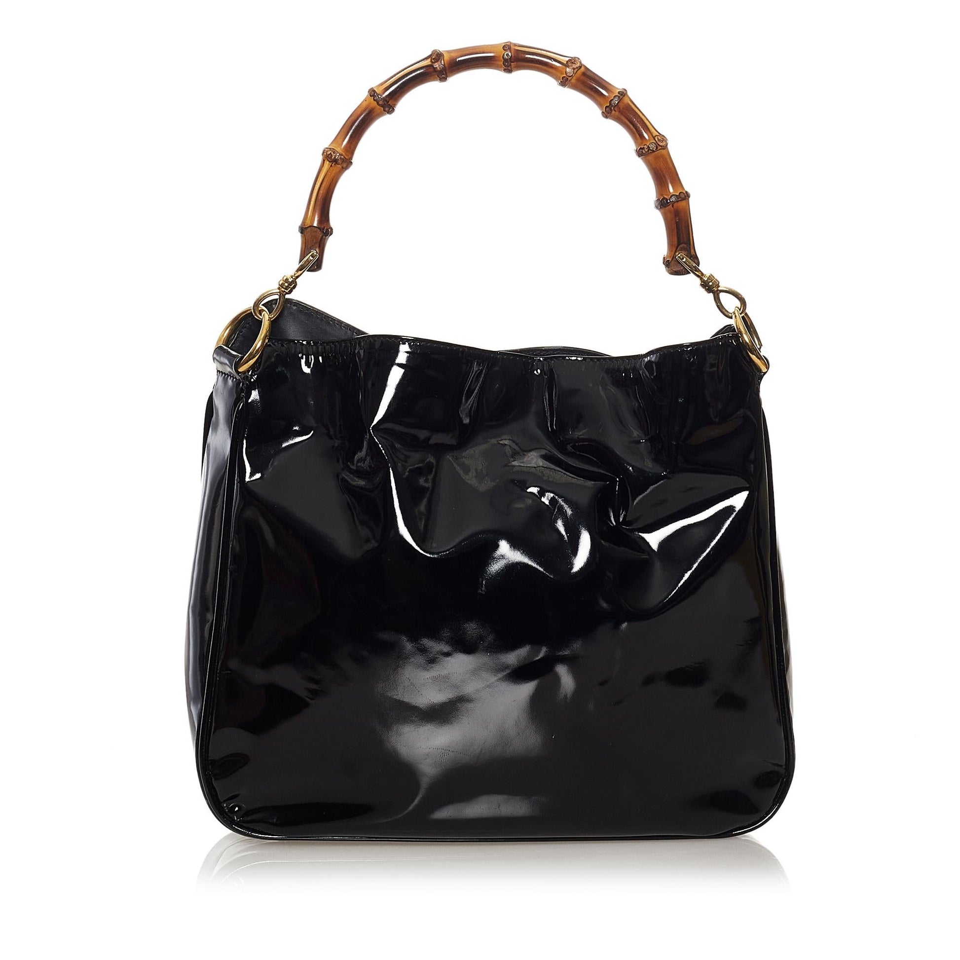 Gucci Bamboo SHG Leather Patent Black Brown Satchel Bag