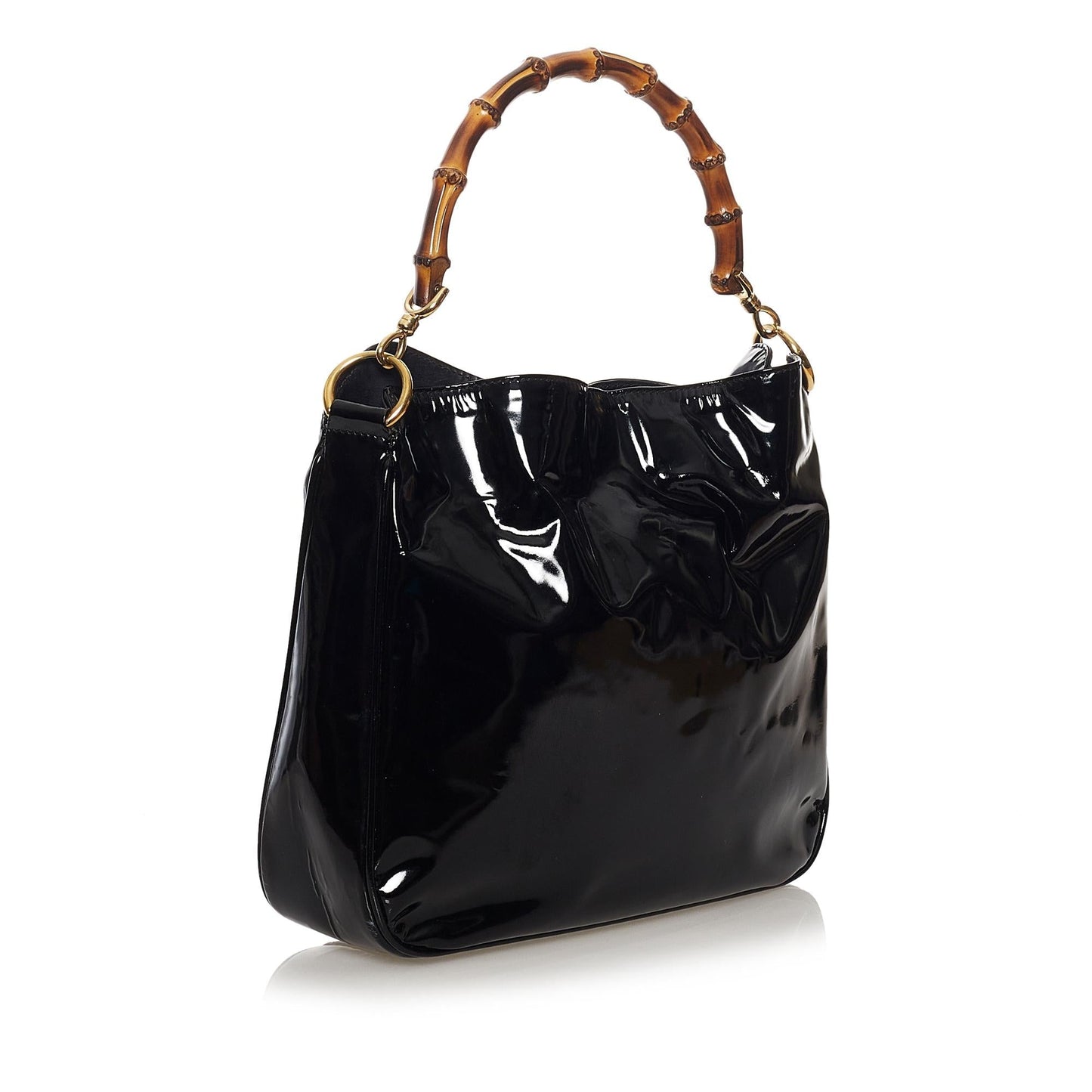 Gucci Bamboo SHG Leather Patent Black Brown Satchel Bag