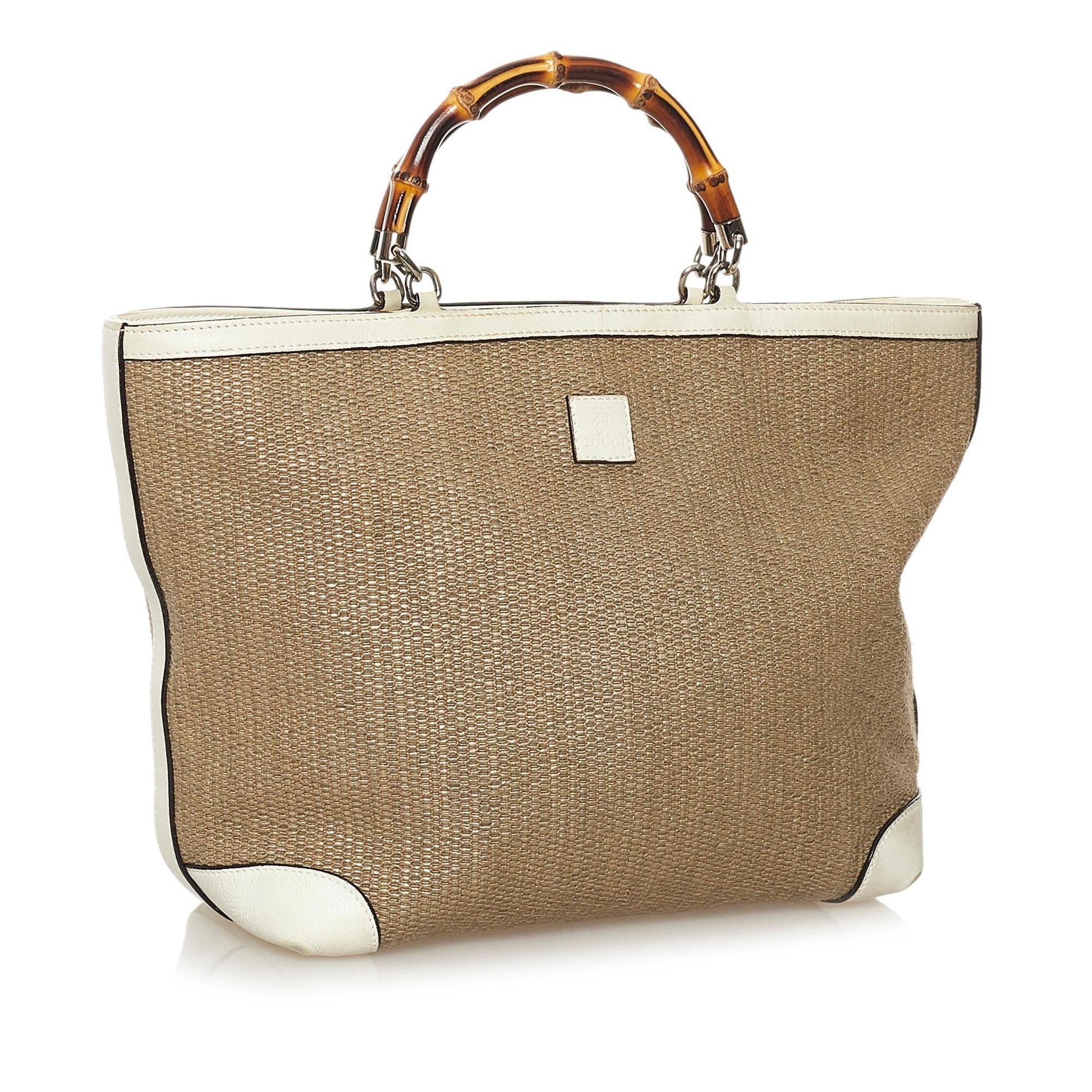 Gucci Bamboo SHG Raffia Calf White Brown Satchel Bag