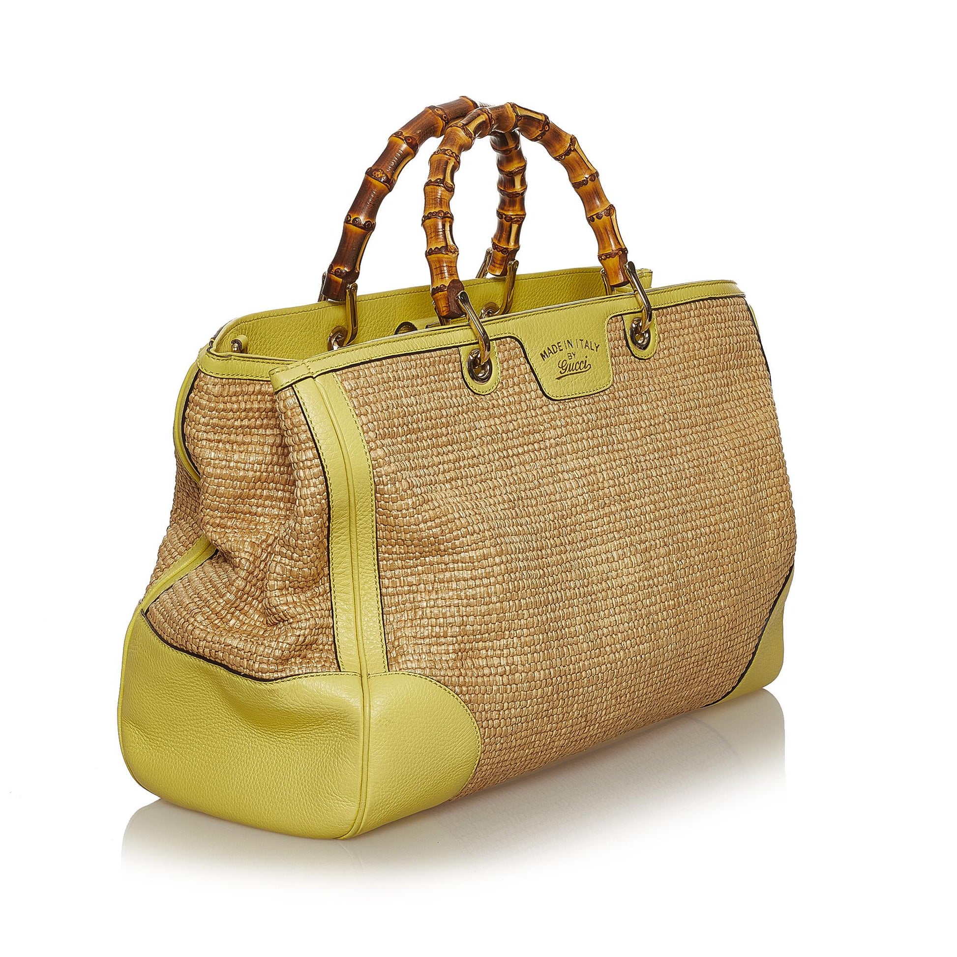 Gucci Bamboo SHG Raffia Calf Brown Satchel Bag