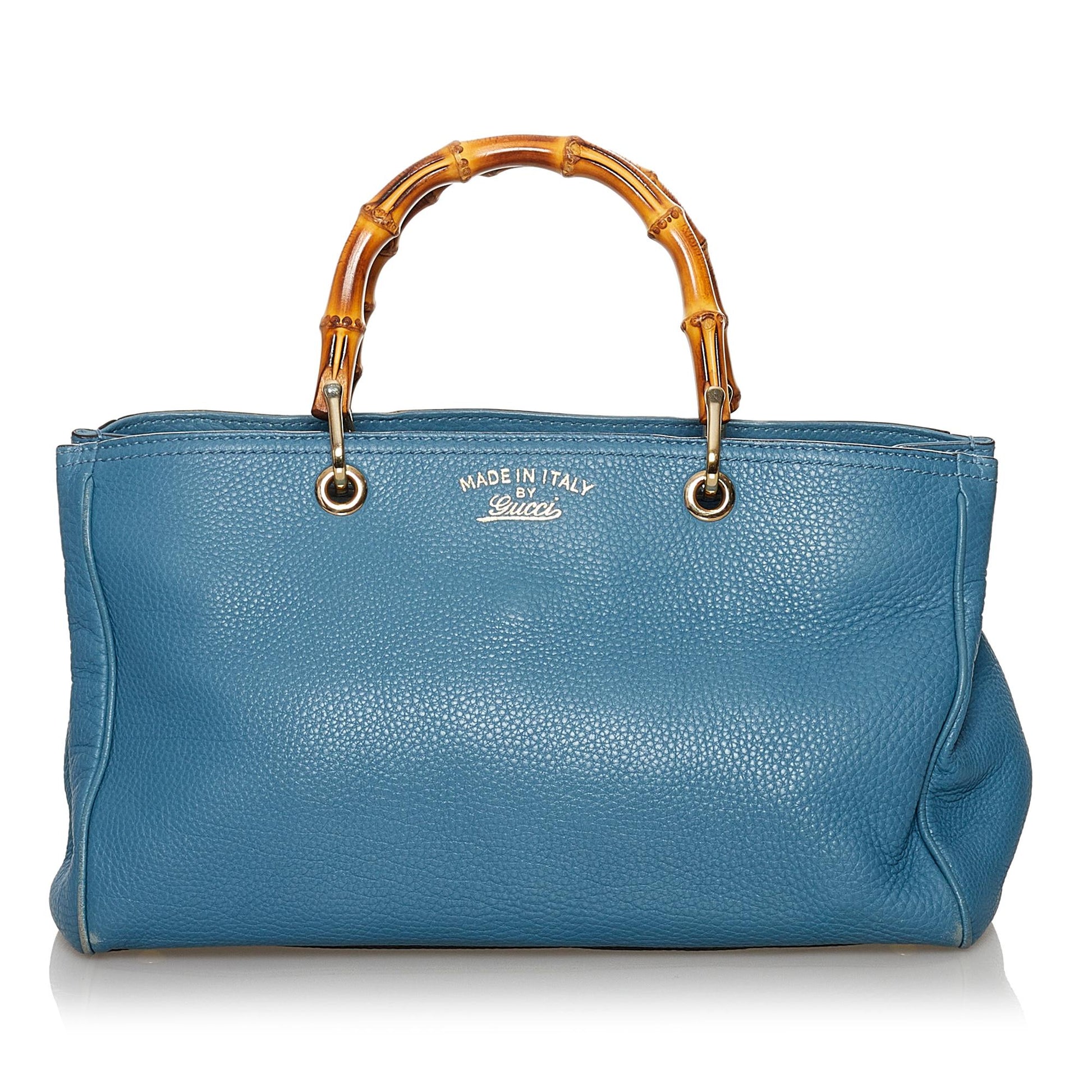 Gucci Bamboo Shopper SHG Leather Calf Brown Blue Satchel Bag Satchel Shg