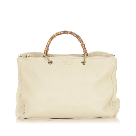 Gucci Bamboo Shopper SHG Leather Calf White Brown Satchel Bag 3