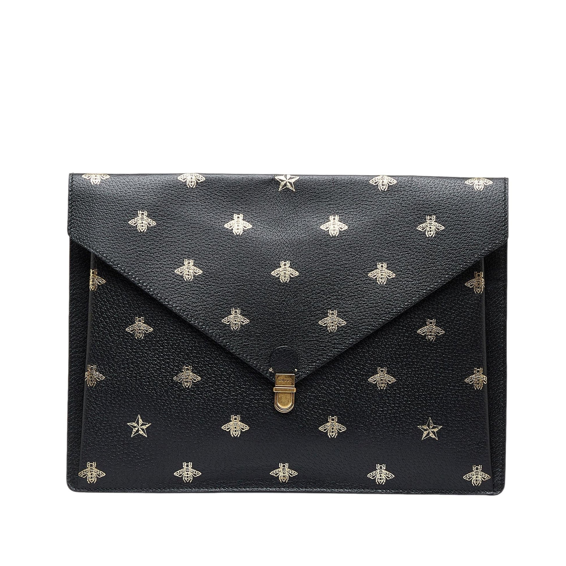 Gucci Bee Star Envelope Portfolio SHG-QDLUYm Calf Black Clutch Bag
