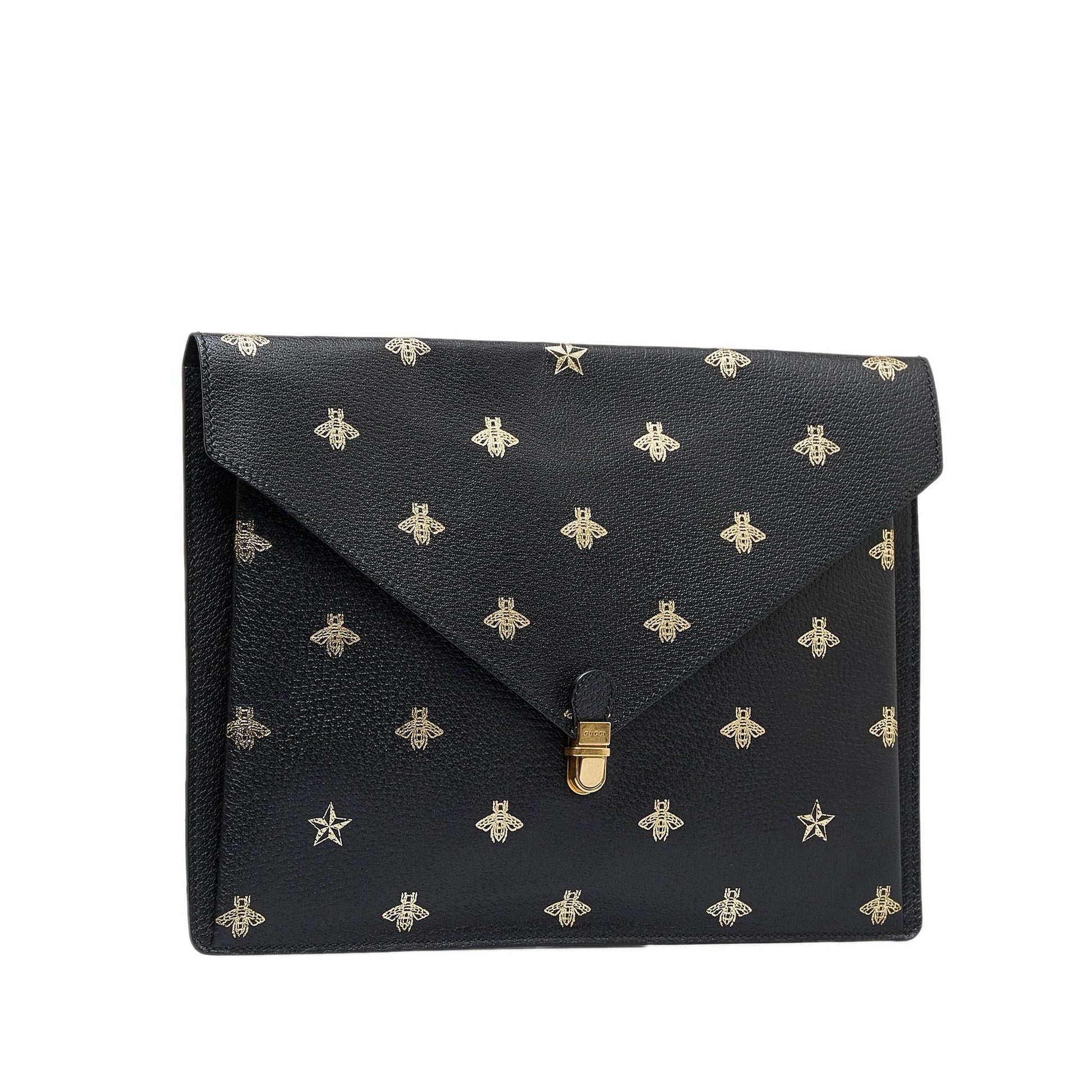 Gucci Bee Star Envelope Portfolio SHG-QDLUYm Calf Black Clutch Bag