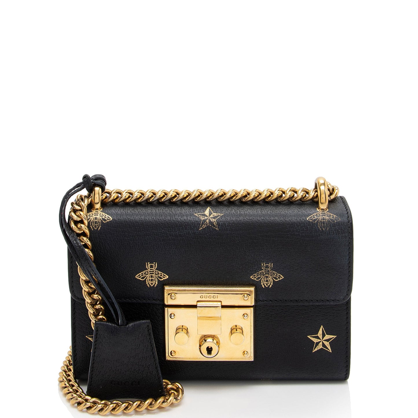 Gucci Bee Star Padlock Calfskin Black Gold Small Shoulder Bag