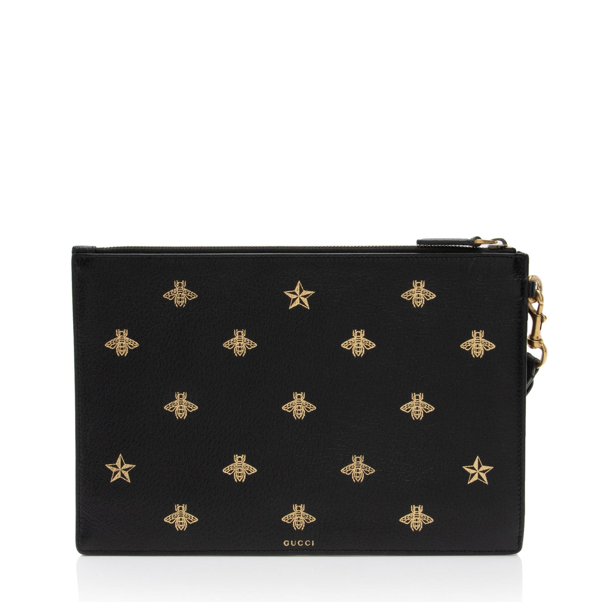 Gucci Bee Star Wristlet SHF-8glDSR Calfskin Black Clutch Bag