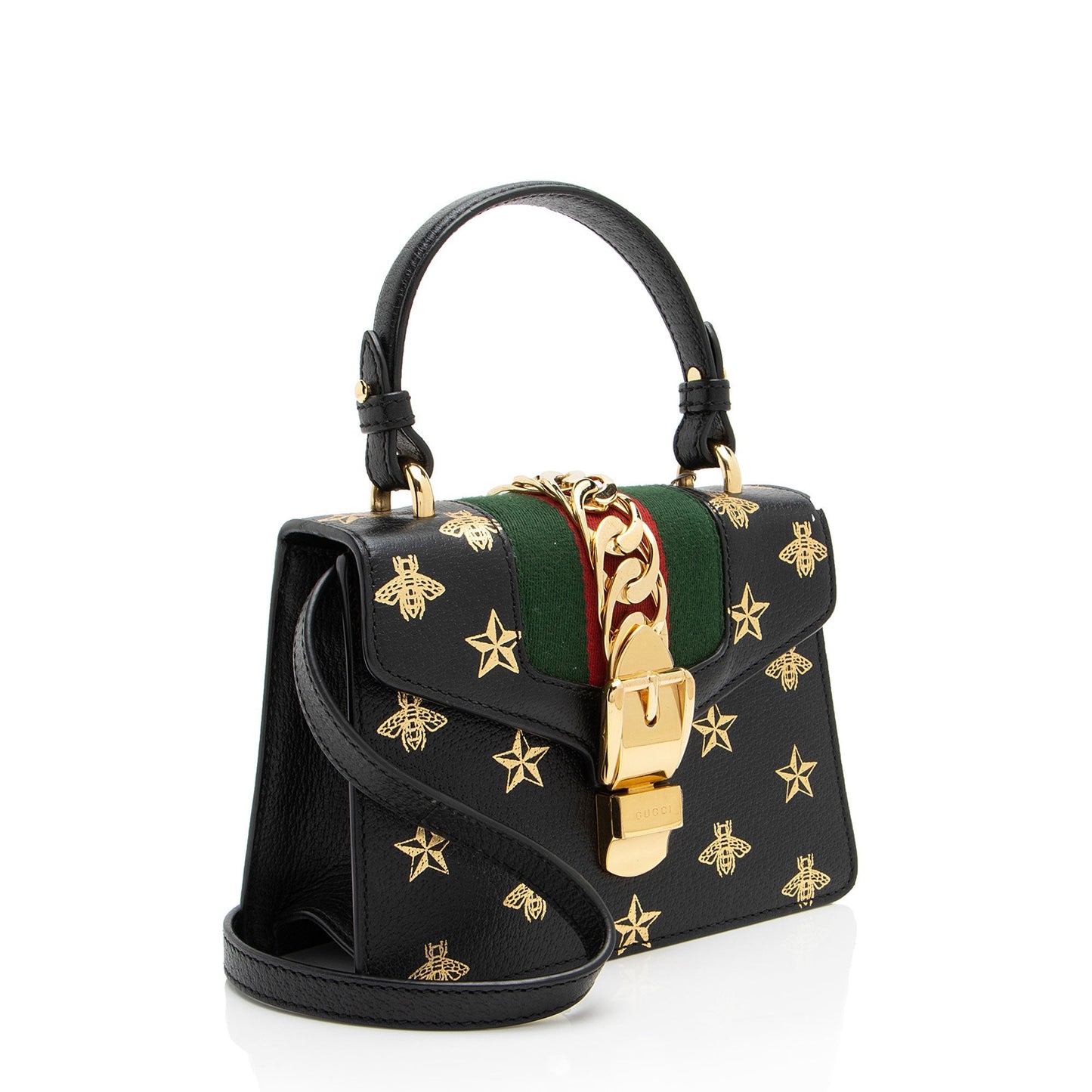 Gucci Bee & Star Sylvie Top Nylon Calfskin Blue Gold Satchel Bag
