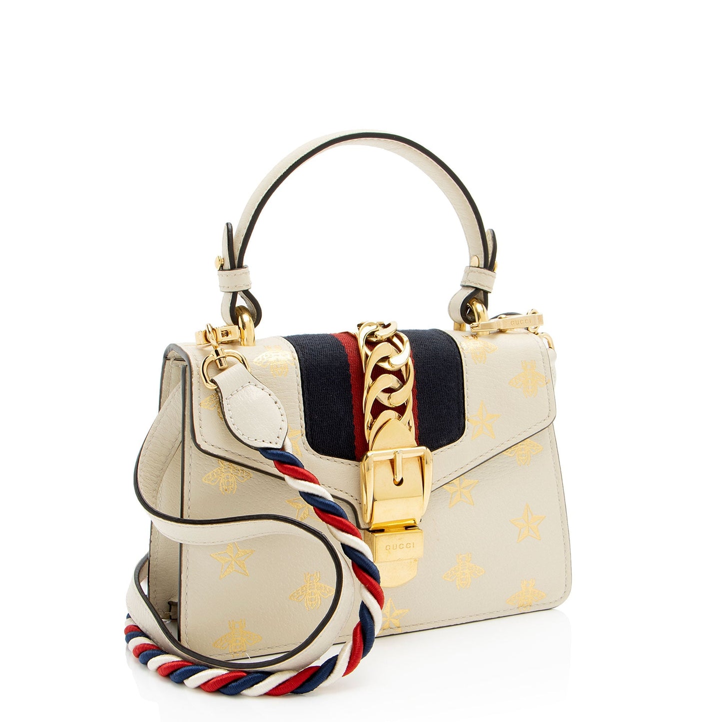 Gucci Bee & Star Sylvie Top Nylon Calfskin White Gold Satchel Bag